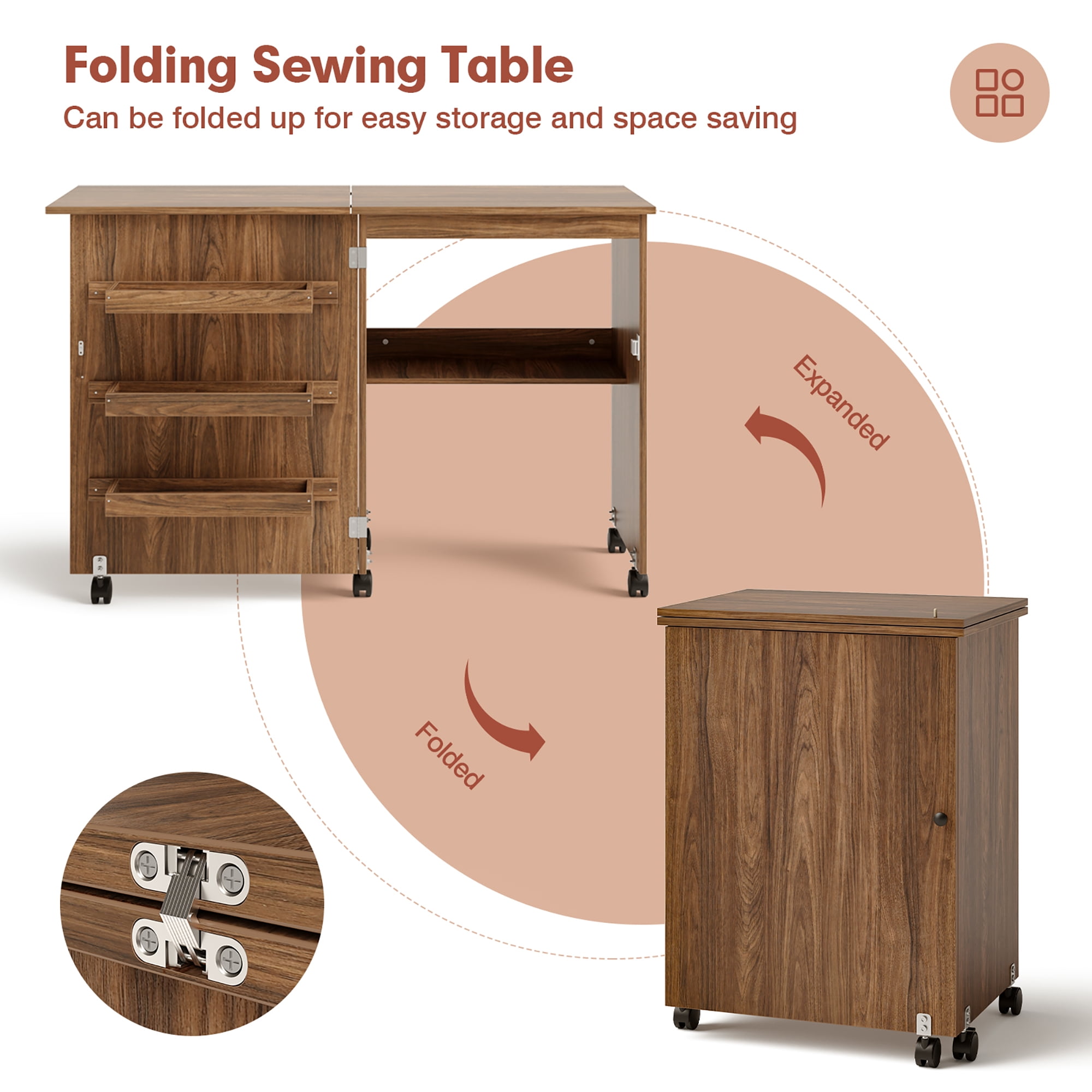 Gymax Folding Sewing Craft Table Shelf Storage Cabinet Home Furniture W/Wheels Brown - Image 4