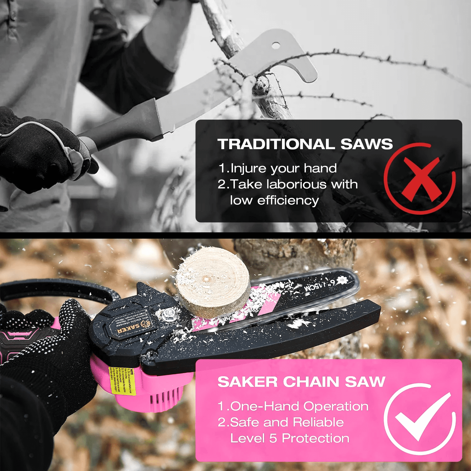 Saker Mini Chainsaw, 6-Inch Electric, Rechargeable, Cordless, Powered by 2x 22V 1500mAh Batteries, Includes 2 Chains, for Women & Elderly, Pink - Image 4