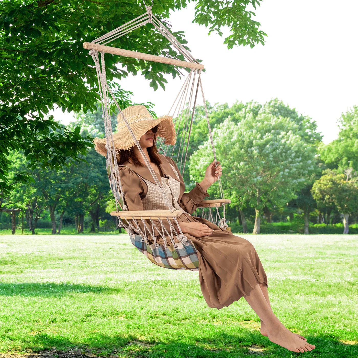 Hanging chair with Pillow & Arms- Extra Padded - Reversible Green Plaid - Image 5