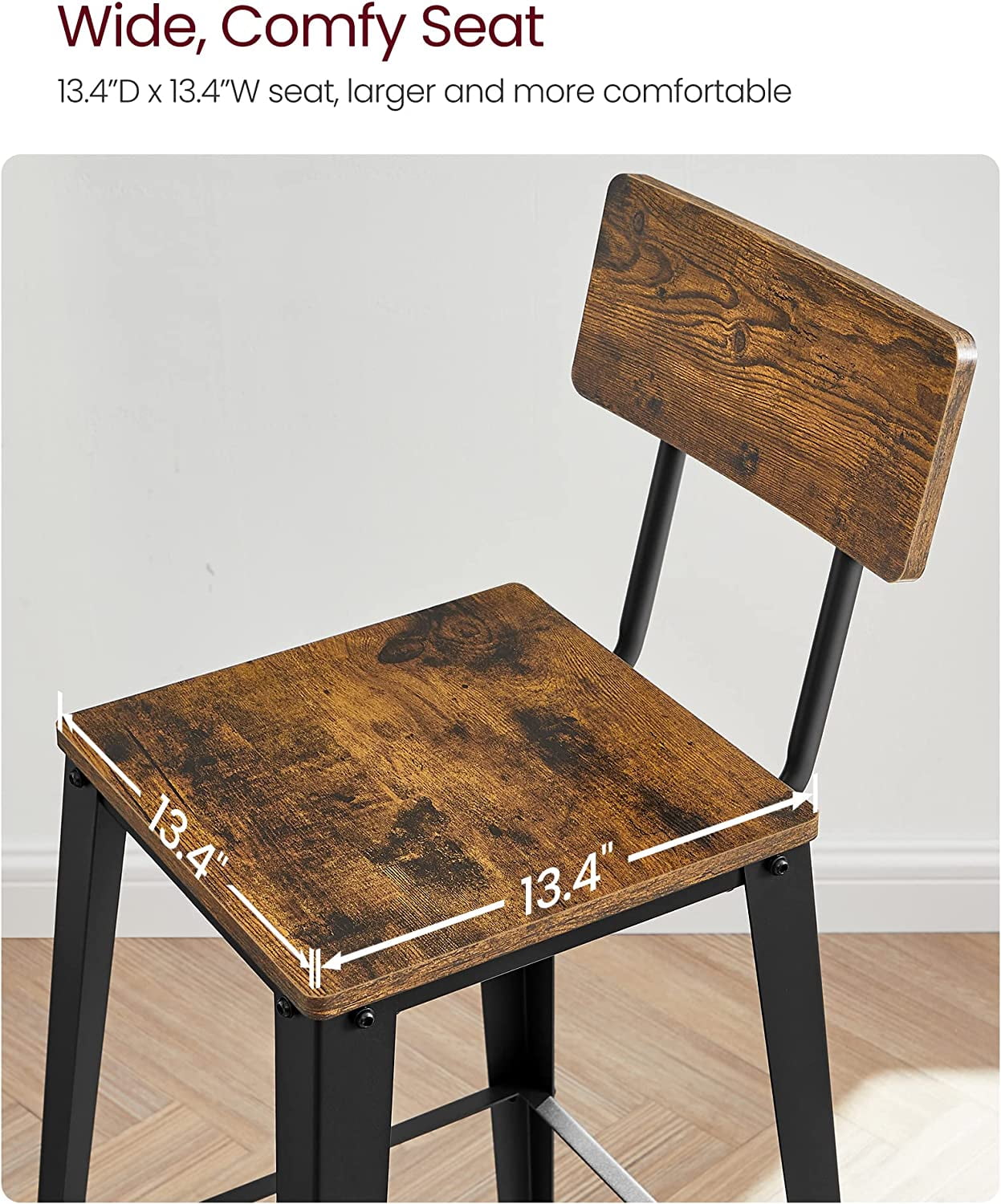 VASAGLE Bar Height Stool Tall Backrest Bar Stool, Rustic Brown & Black (Set of 2) - Image 9
