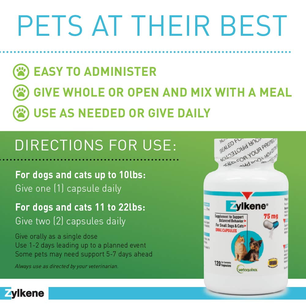 Vetoquinol Zylkene Calming Behavior Support Supplement, Helps Promote Relaxation and Reduce External Stress Factors, Daily Behavioral Support and Anxiety Relief, Dog or Cat, 11-22lbs, 75mg, 120ct - Image 2