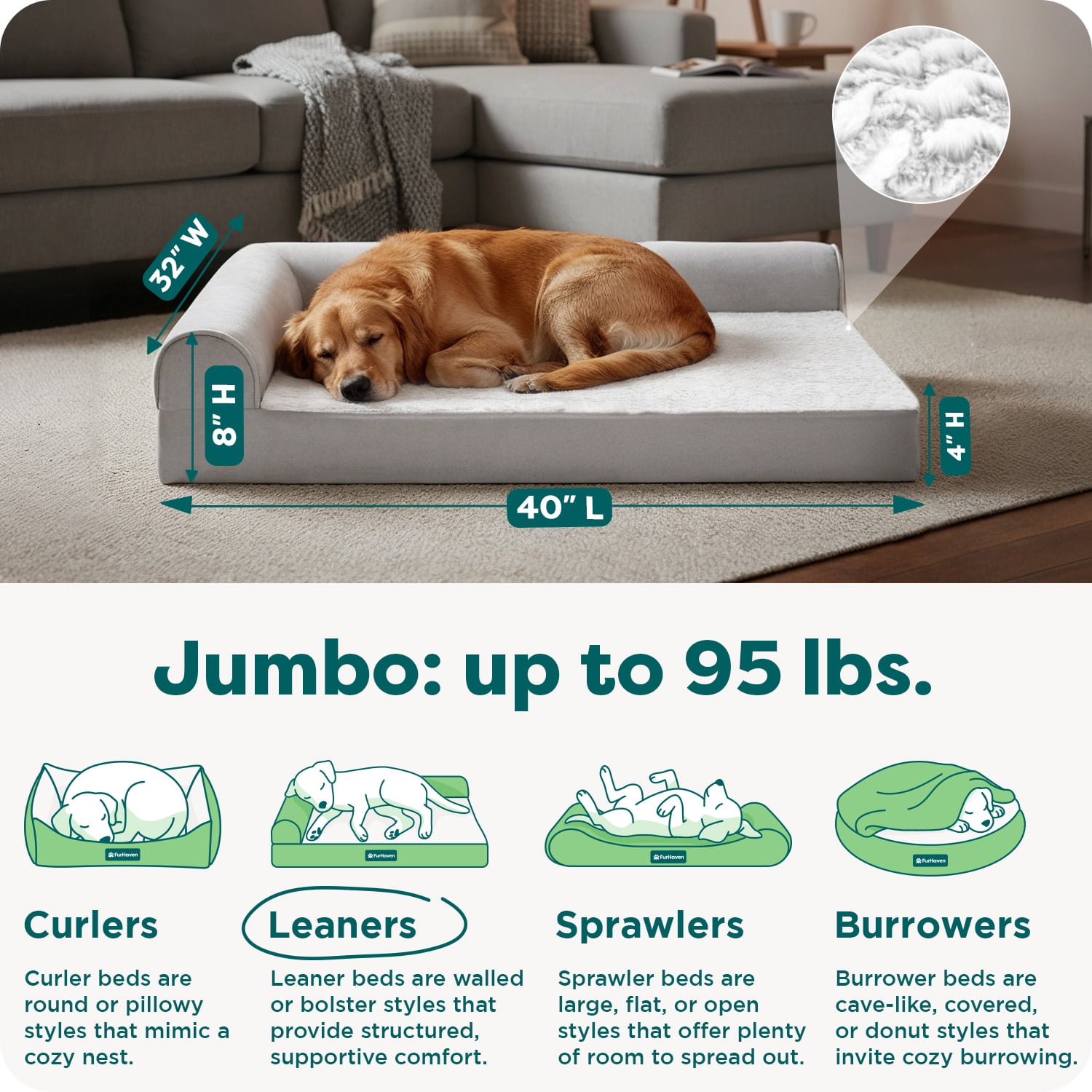 FurHaven Embossed Faux Fur & Suede Orthopedic Deluxe L-Chaise Pet Bed for Dogs & Cats - Gray, Jumbo - Image 5