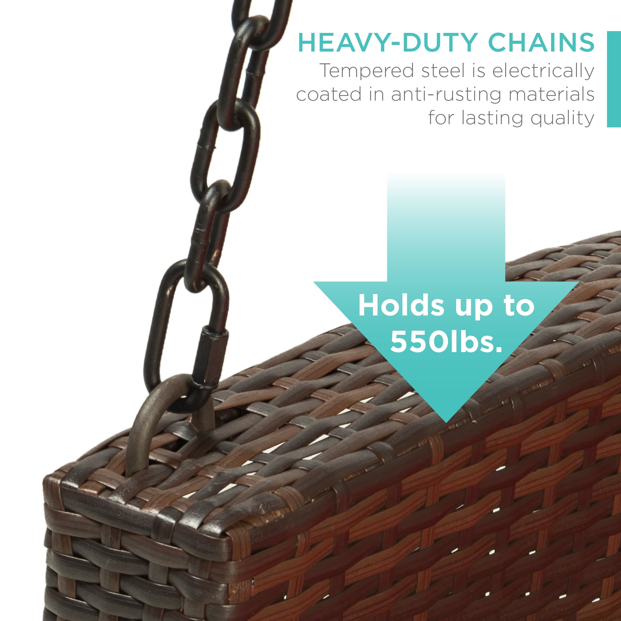 Best Choice Products Woven Wicker Hanging Porch Swing Bench for Patio, Deck w/ Mounting Chains, Seat Cushion - Brown/Red - Image 4