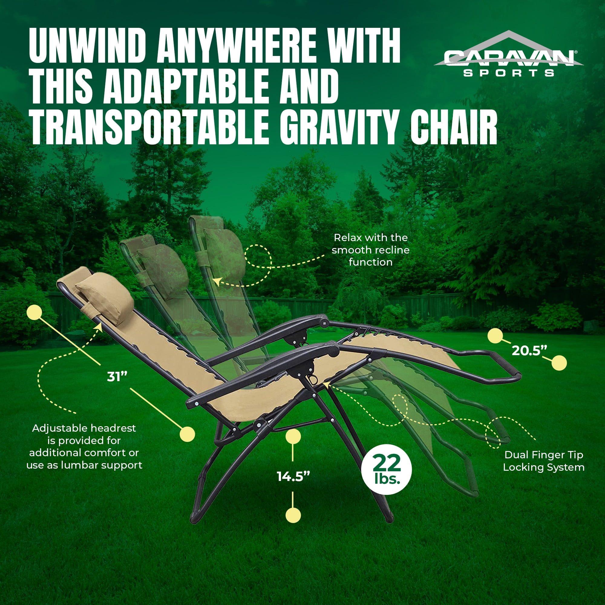 Caravan Sports Zero Gravity Outdoor Folding Patio Lounge Chair, Beige - Image 4