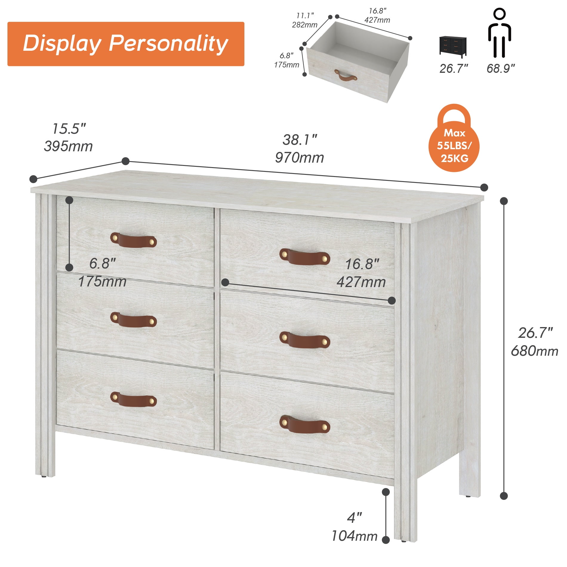 FITUEYES Classic White 6 Drawer Dresser, Wooden Storage Chest for Bedroom and Living Room - Image 4