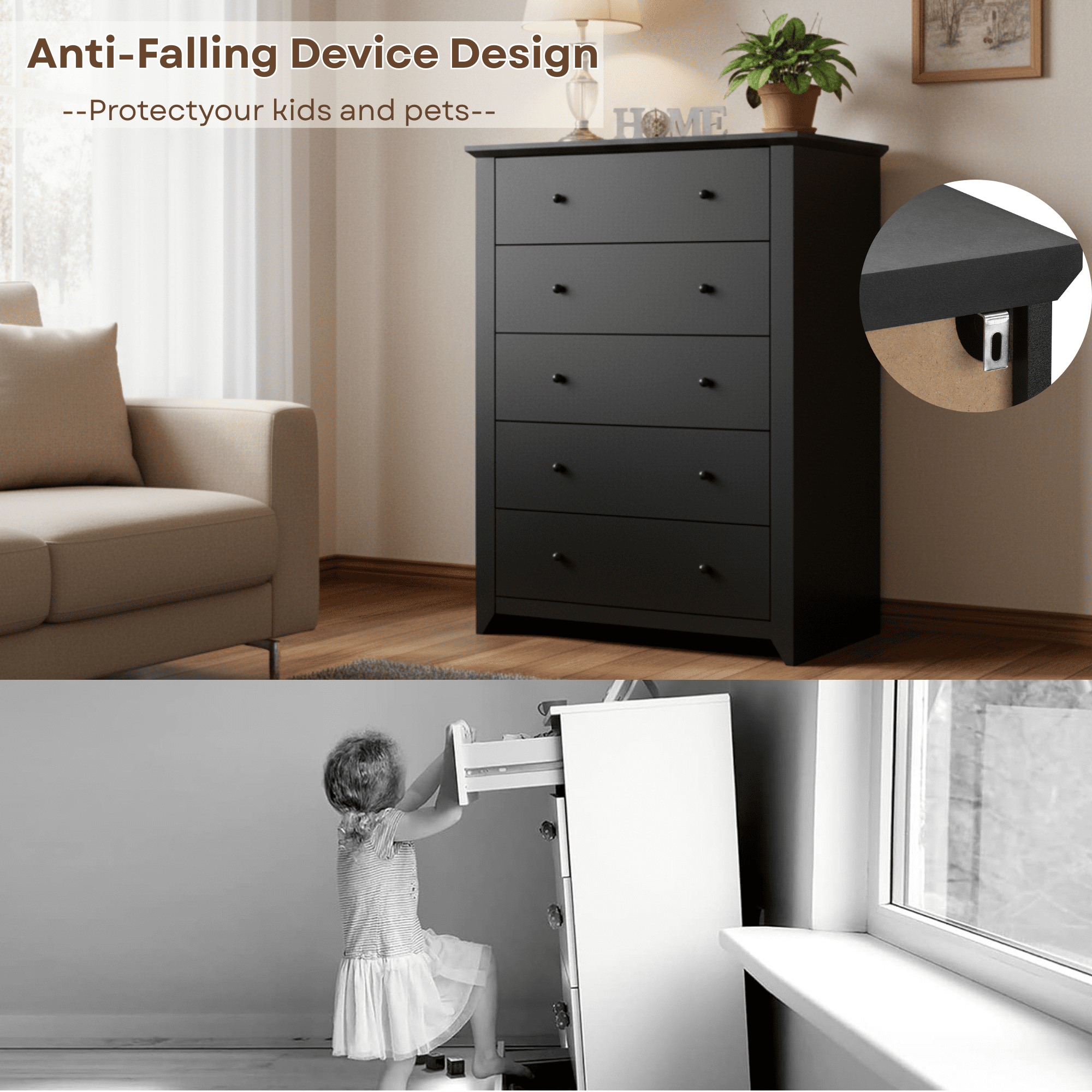 TrumanPick Black Dresser for Bedroom with 5 Drawers 47" Tall Chest of Drawers Wooden Dressers for Closet Living Room - Image 4