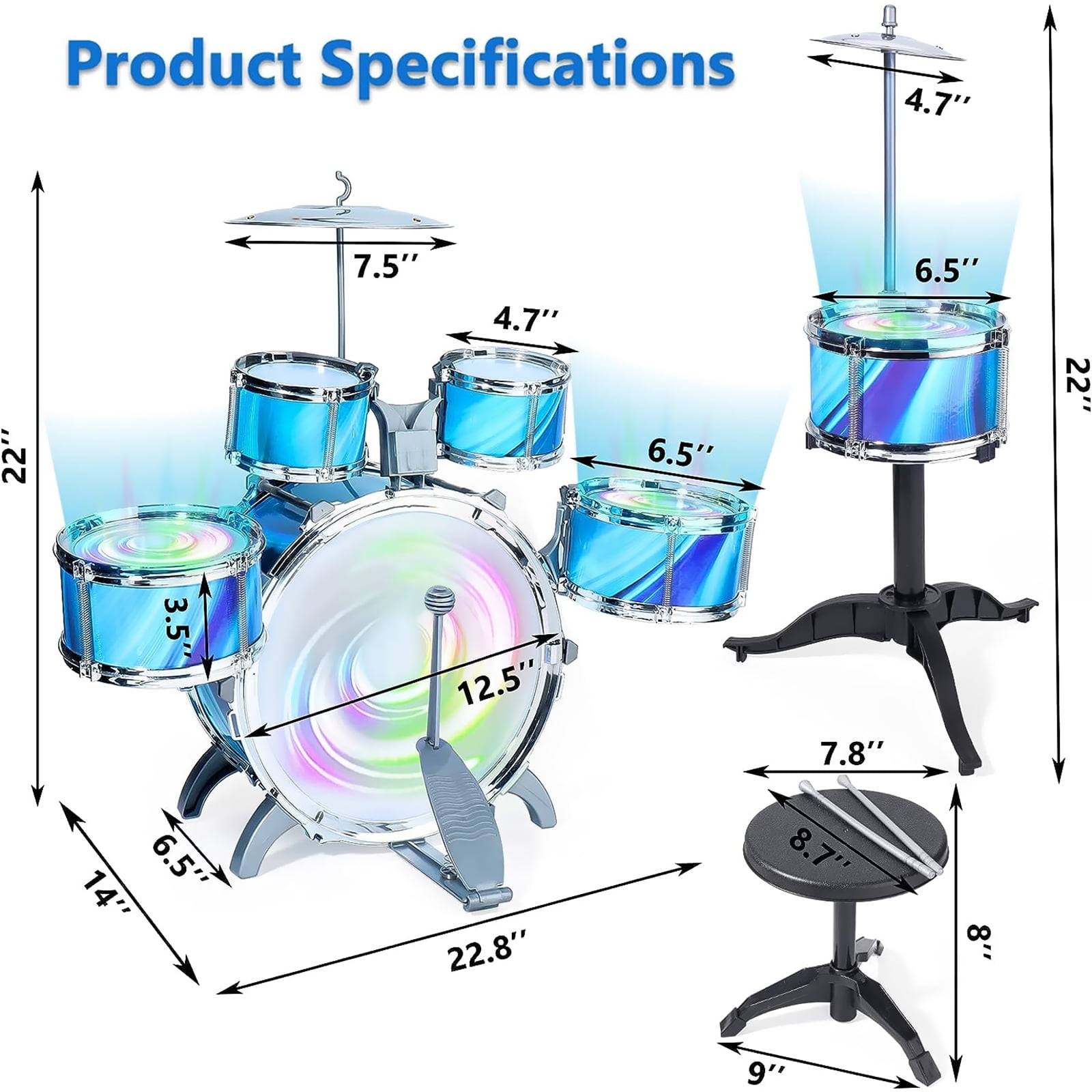 Kids Drum Set, 15 Pieces Drum Set for for Toddlers 1-3, Musical Instrument Toys with 6 Drums, w/ 4 Lights and 2 Cymbals, Drum Kit Boys Girls Birthday Gift for Beginner Music Practice - Image 4