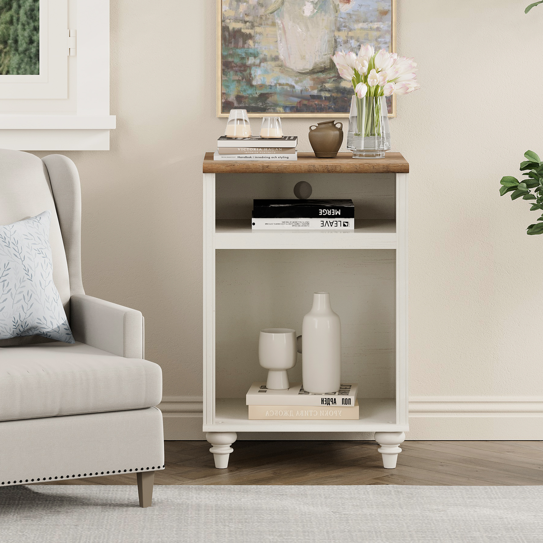 White Wooden Nightstand Side Table with 2 Storage Spaces, Ideal for Living Room, Tall Farmhouse Style Bedside Table for Bedroom - Image 4