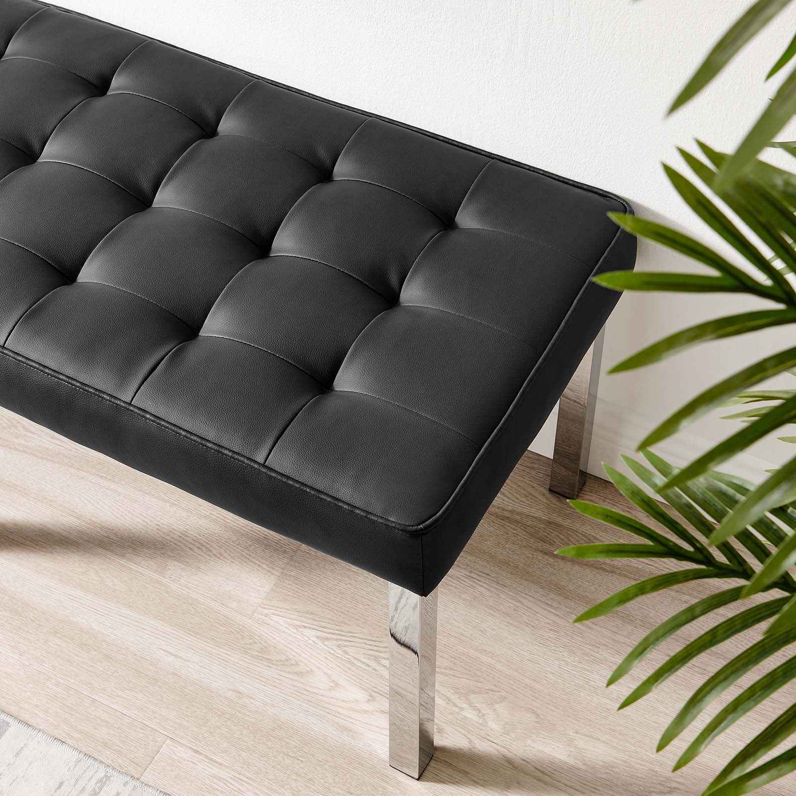 Modway Loft Tufted Vegan Leather Bench in Silver Black - Image 6