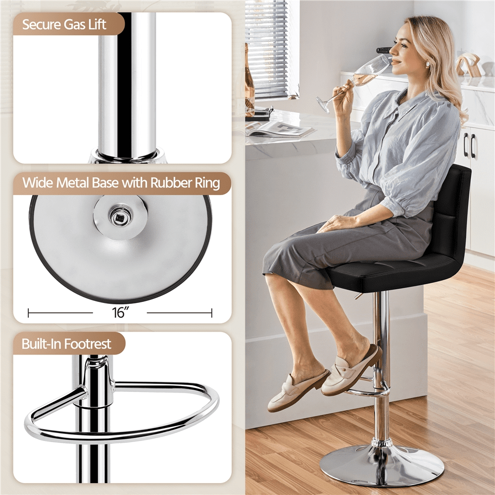 Renwick Adjustable Modern Faux Leather Mid-Back Bar Stool, Set of 2, Black - Image 9