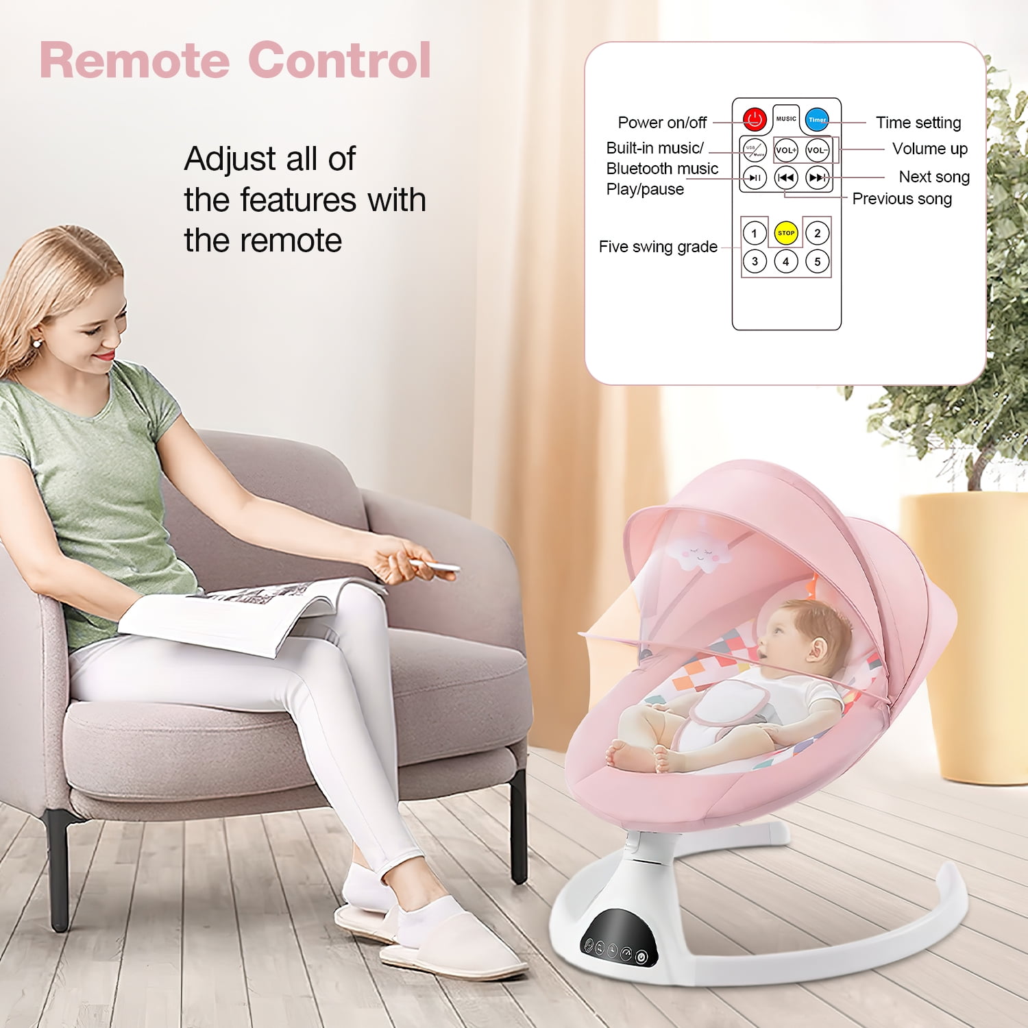 Yadala Baby Swing for Infants, Bluetooth Baby Swing Baby Rocker Chair with Gift Package, Pink - Image 3