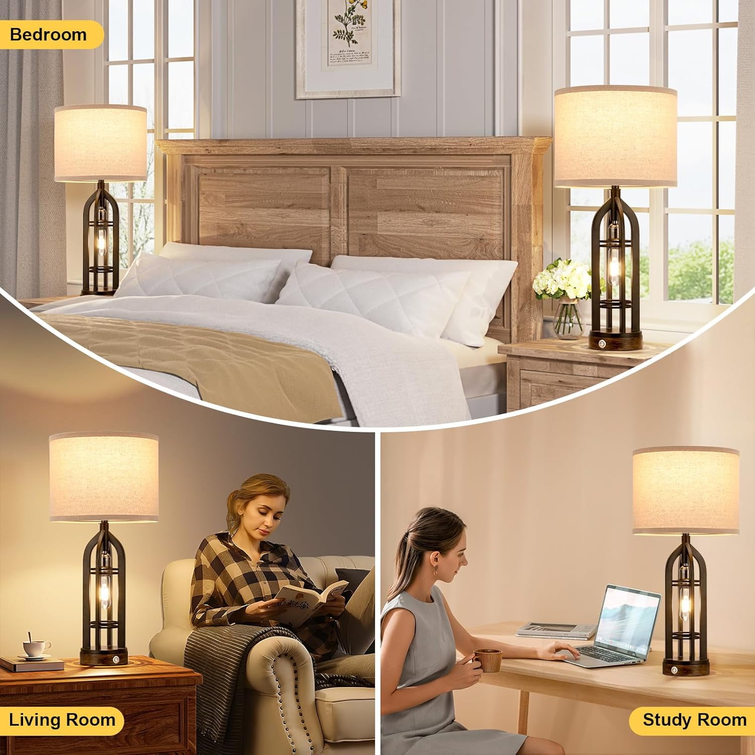 Set of 2 Table Lamp for Living Room, 3-Way Dimmable Farmhouse Lamps with USB C+A & Outlet, Rustic Bedside Lamp for End Tables, Industrial Nightstand Lamps for Bedroom - Image 4