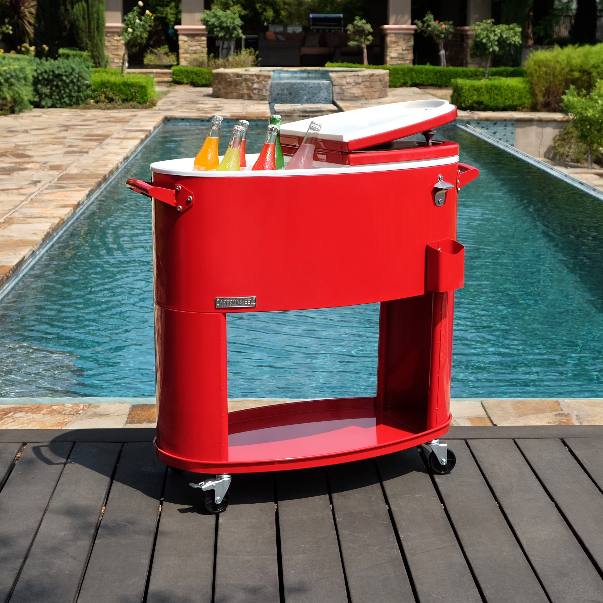Permasteel 80-Qt Sporty Outdoor Rolling Patio Cooler with Wheels and Handles, Cooler Cart, Red - Image 3