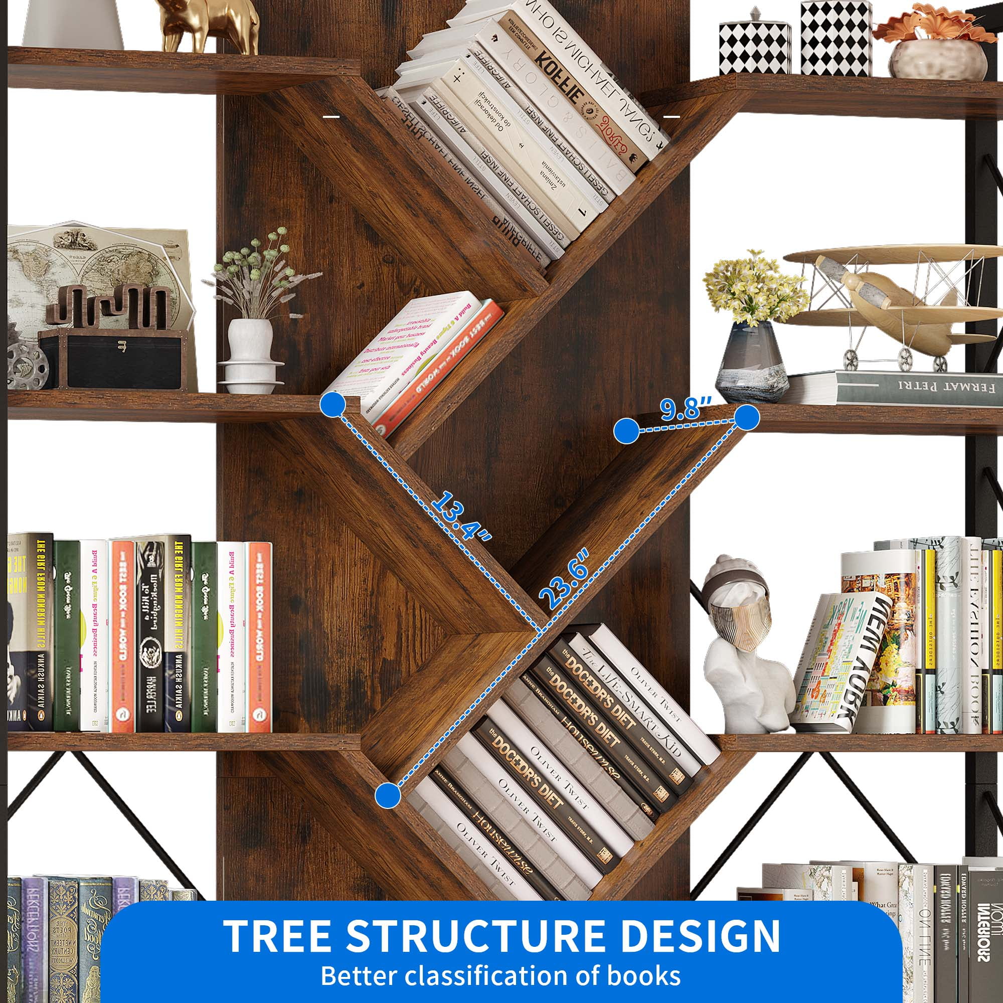 Dextrus 70.8" Tall Bookshelf and Bookcase, Industrial 5 Tier Large Bookshelves, Standing Tree Book Shelves Organizer Wide Display Rack for Living Room,Bedroom, Home Office, Rustic Brown - Image 2