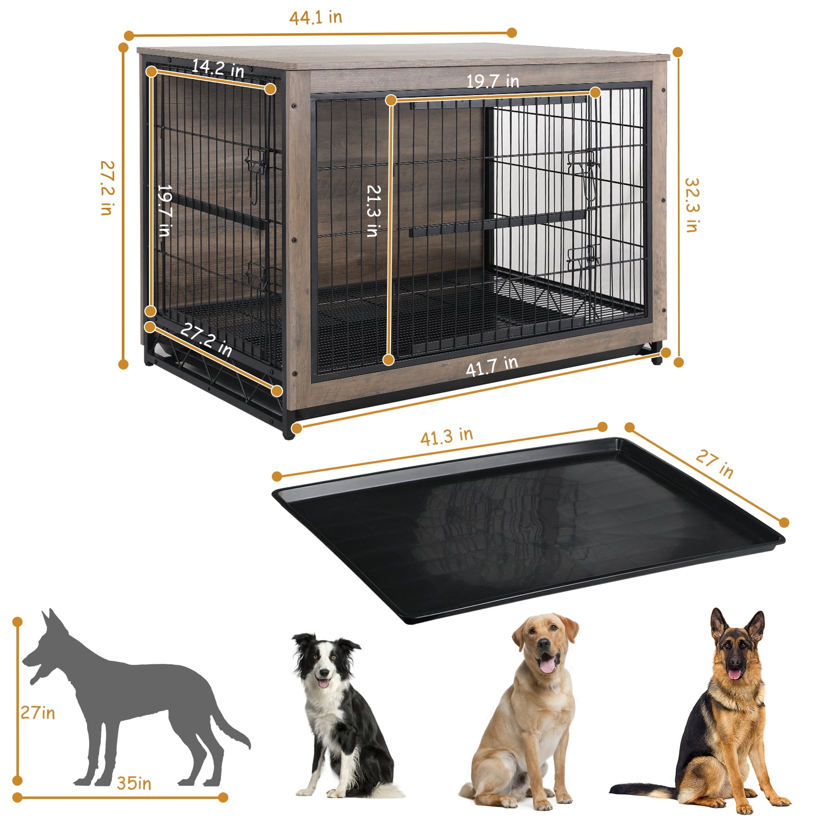 Arlopu 44.1'' Large Dog Crate Furniture, Wooden Dog Cage End Table Indoor Dog Kennel with Double Doors & Pull-Out Tray for Small, Medium, Large Dogs Under 80 lb - Image 10