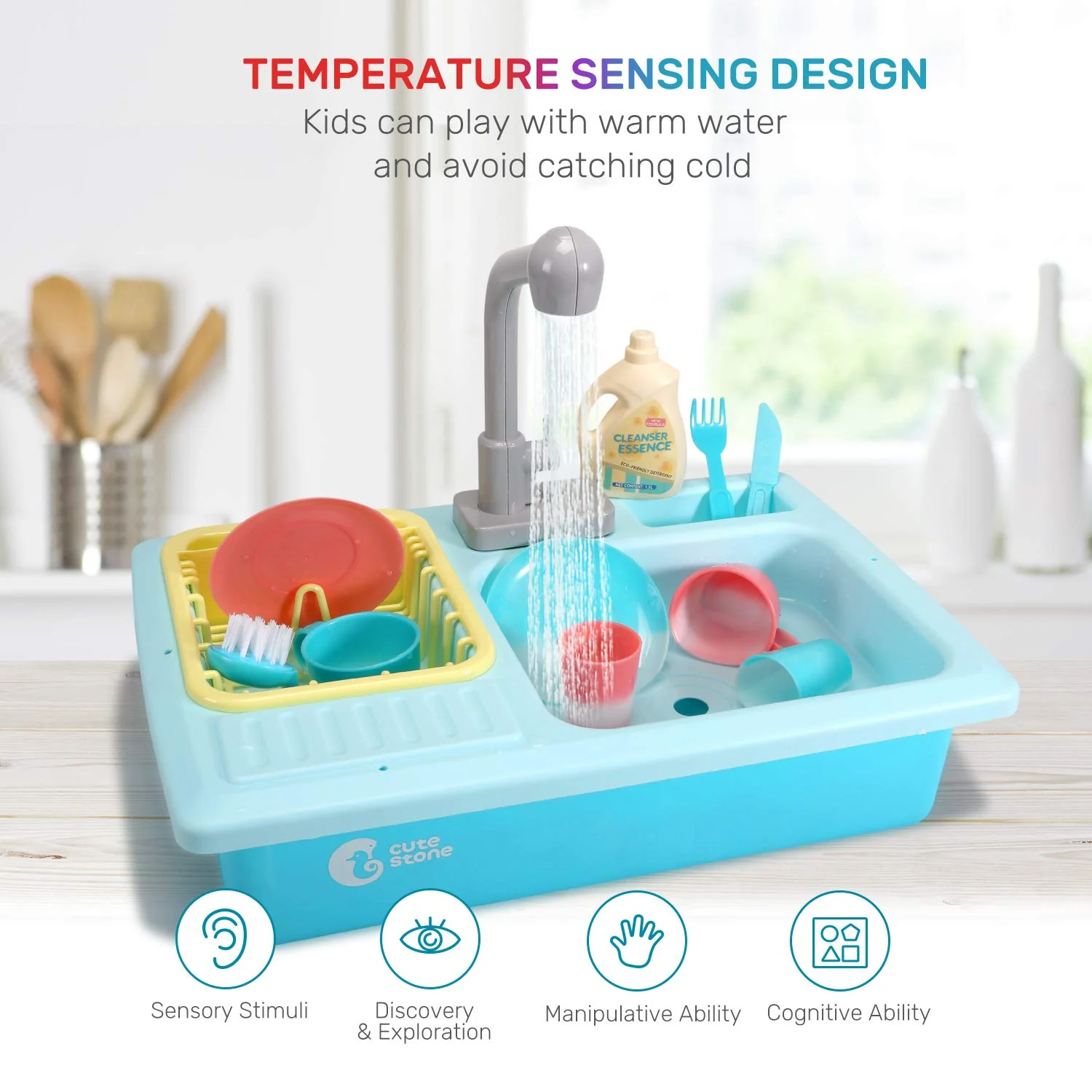 CUTE STONE Color Changing Kitchen Sink Toys for Toddler, Children Playing Toy Dishwasher with Running Water Heat Sensitive Thermochromic Play House Pretend Role Play Toys for Boys and Girls - Image 4