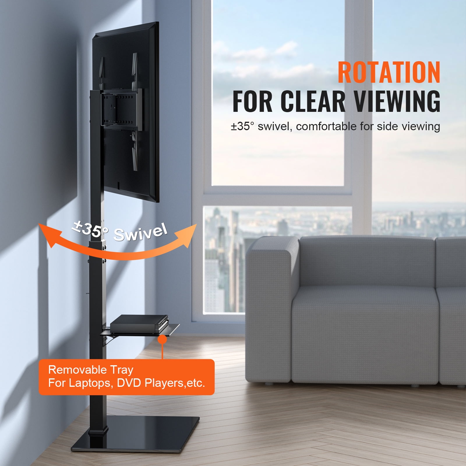 VEVOR Modern Universal Floor TV Stand Mount Swivel Universal TV Stand for 32"-85" TVs Adjustable Height Base Glass - Image 3