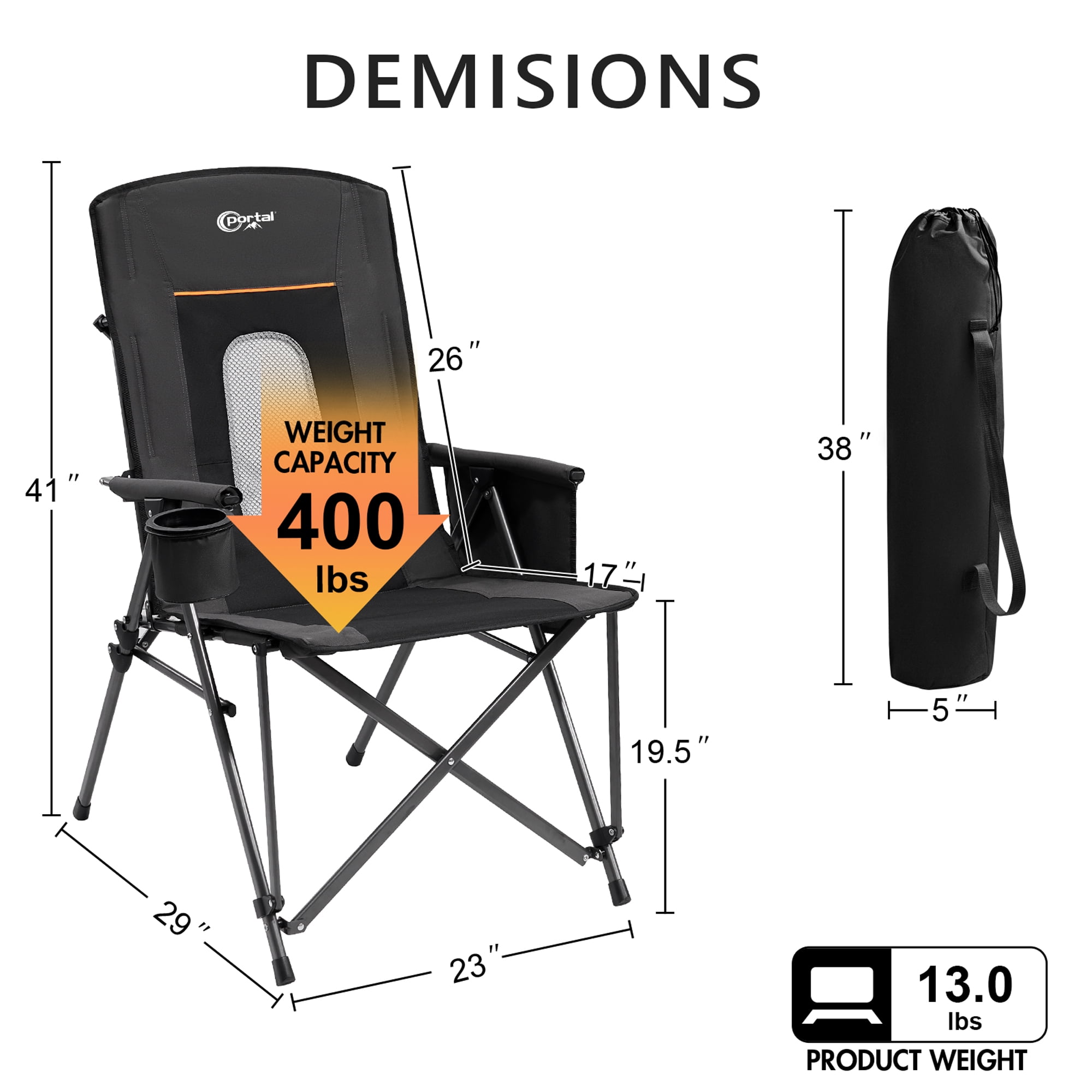 PORTAL Folding Camping Chair for Adults, Portable High Back Oversized Camp Chair for Outdoor, Supports 400 lbs,Black - Image 9