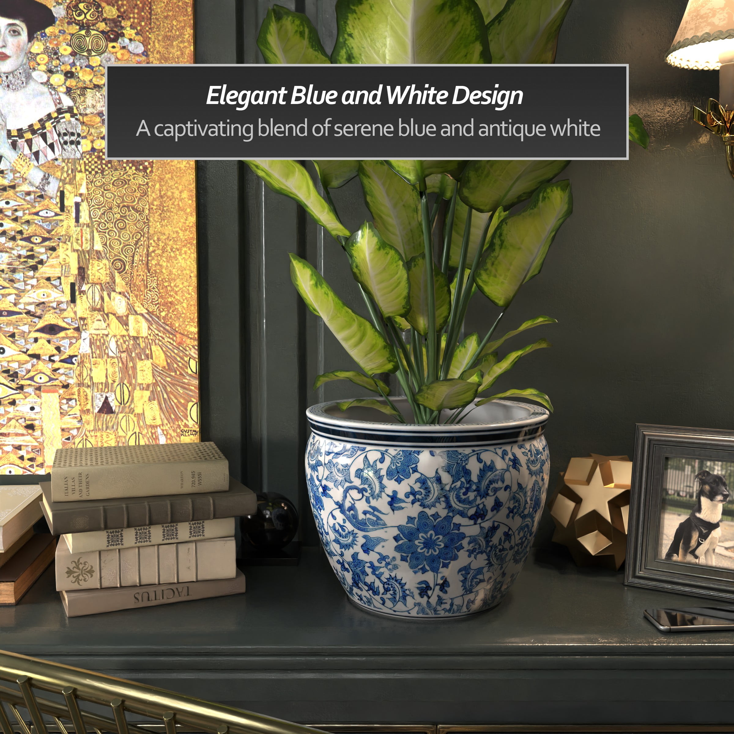 Red Lantern 14" Floral Blue & White Porcelain Fishbowl Planter - Image 5