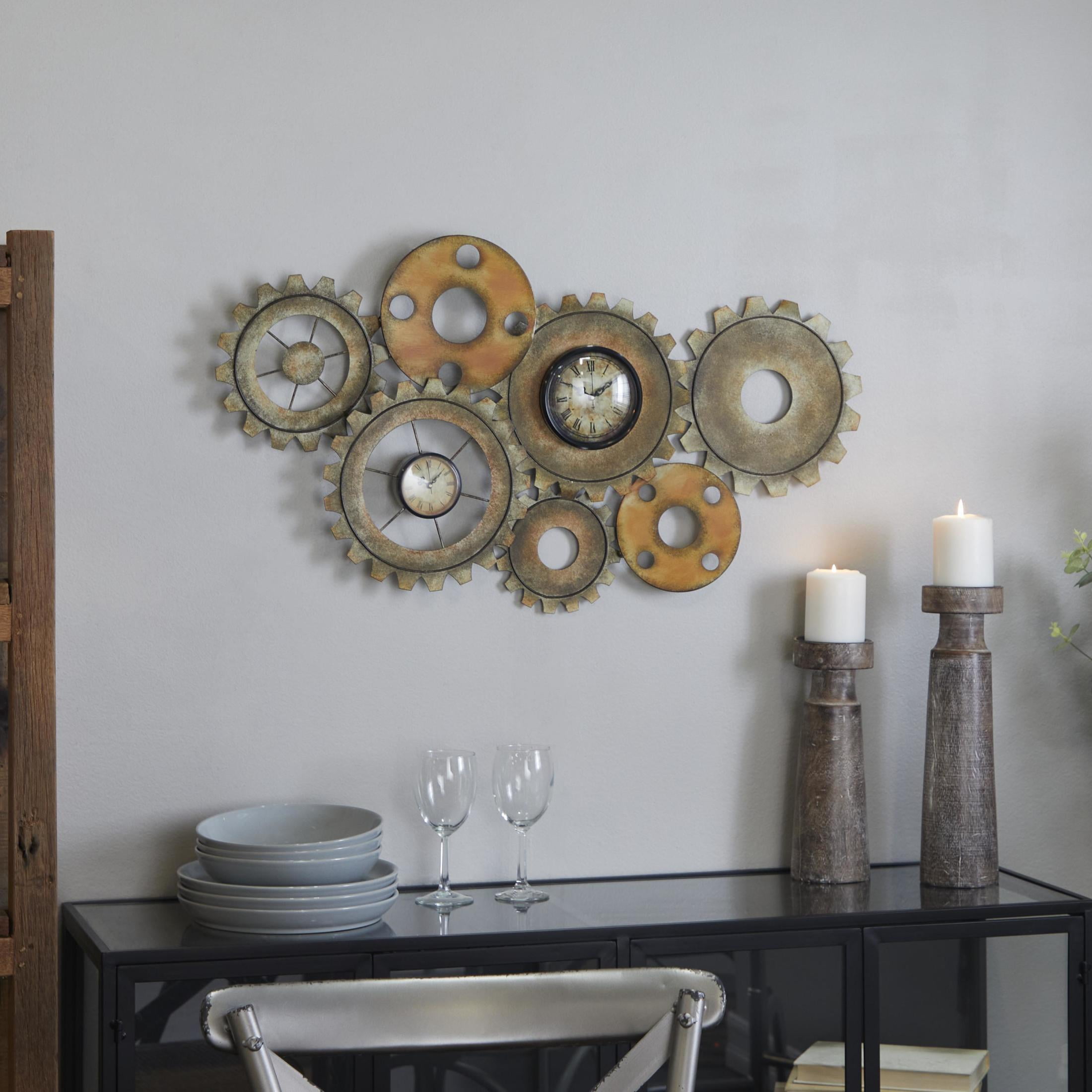 DecMode 34" x 17" Brown Metal Gear Vintage Weathered Dual Wall Clock - Image 10