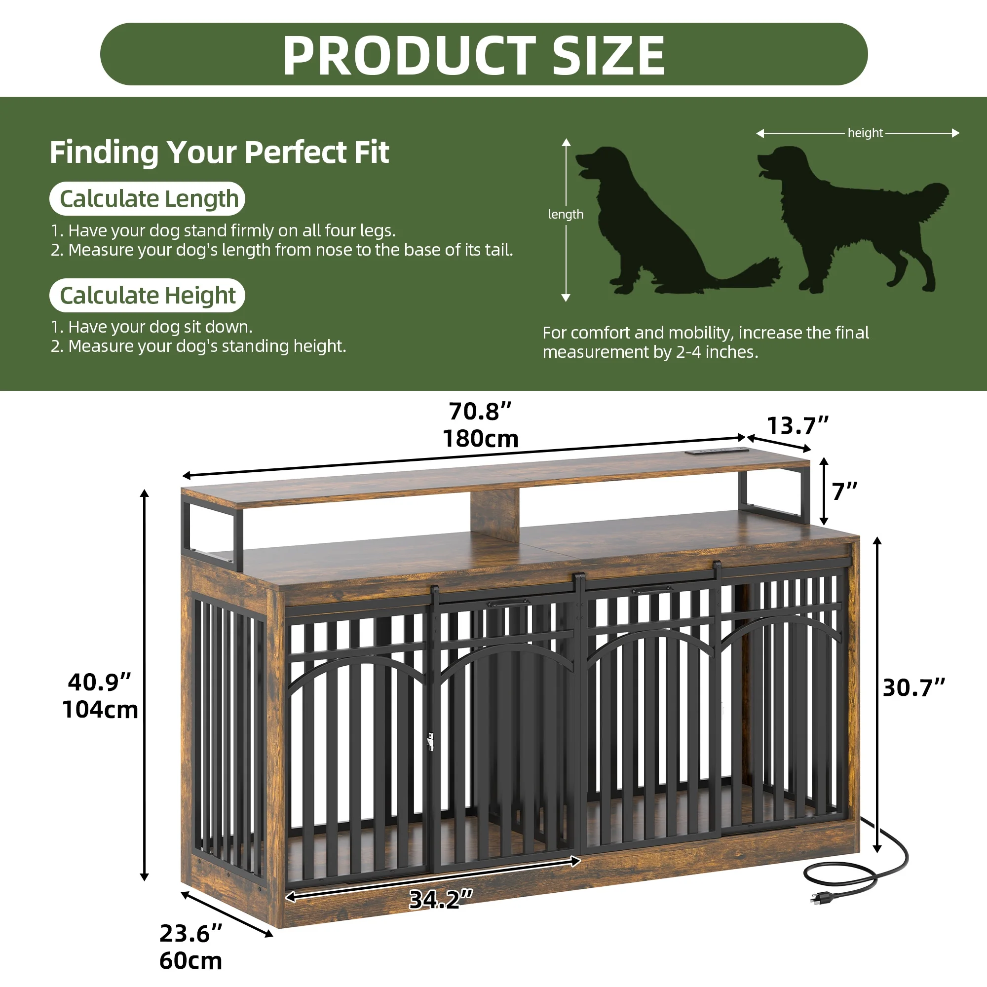Uforic 71-Inch Heavy Duty Dog Crate TV Stand with LED Light, Power Outlets, and Storage Shelves for Medium to Large Dogs - Image 3