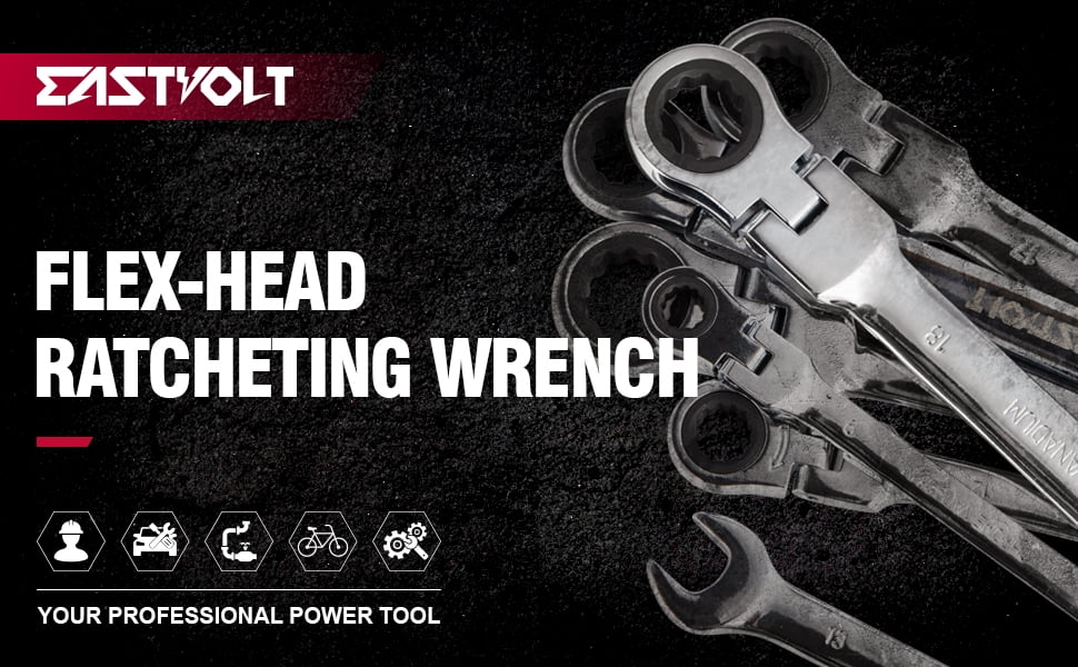 Eastvolt 12 Pieces Flex Head Ratcheting Wrench Set, Metric 8mm-19mm, Combination Ended Spanner kits, Chrome Vanadium Steel with Toolbox - Image 4