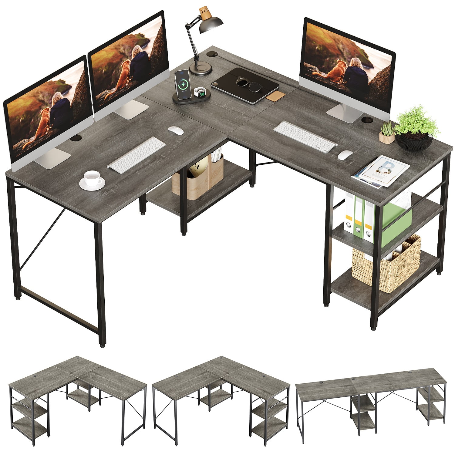 Bestier 95.5 inches L-Shaped Corner Computer Desk with Shelves Long Table Three-Way Convertible in Grey - Image 4