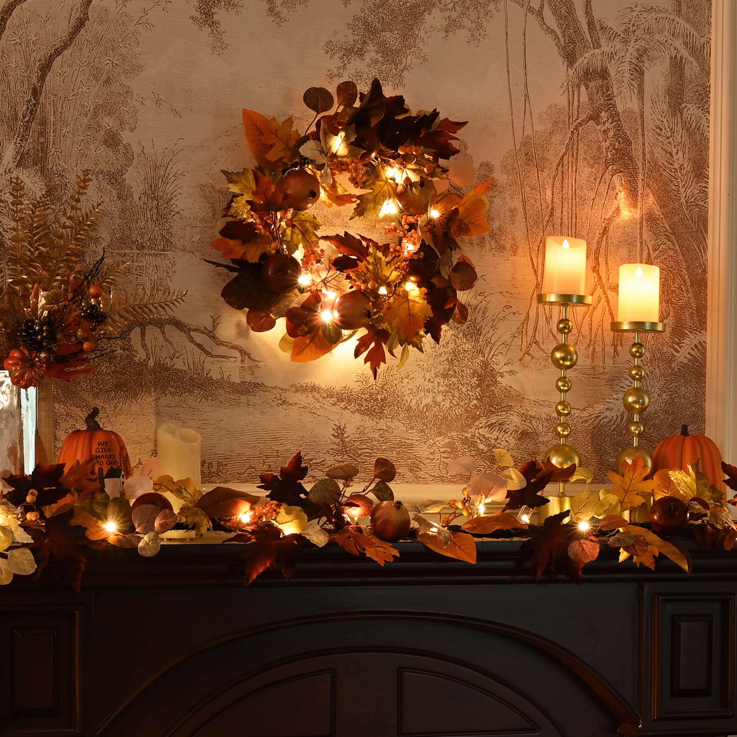 Valery Madelyn 24 Inches Pre-Lit Fall Wreath Lighted Thanksgiving Wreath with Pomegranate & Apple Fall Wreath for Front door Indoor Fireplace Farmhouse - Image 5