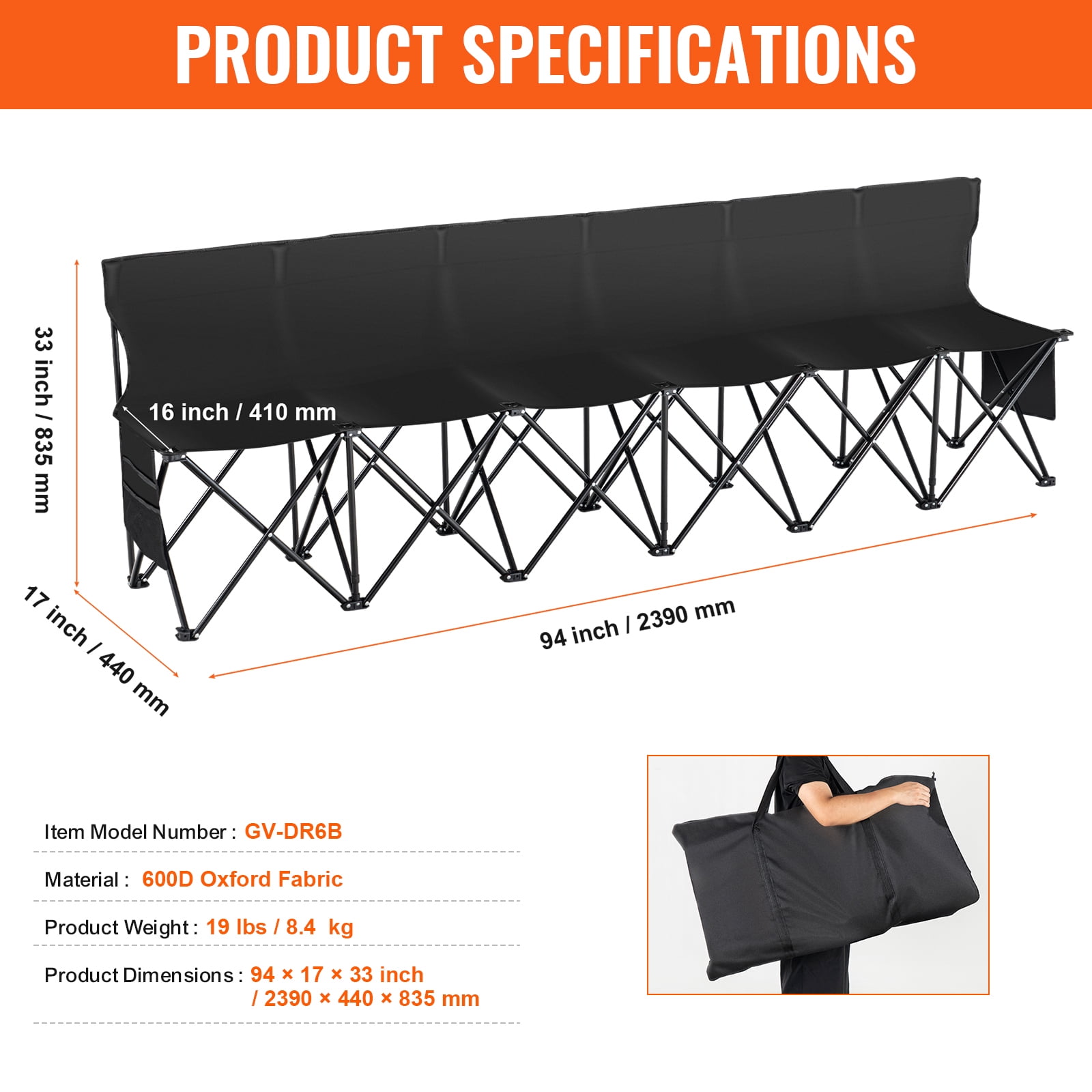 KFFKFF Portable Collapsible Bench, 6-Person Seating, Foldable Outdoor Bench Chair with Carrying Case & Back Support, Ideal for Soccer, Fishing, Instant Setup, No Assembly Required, Black - Image 4