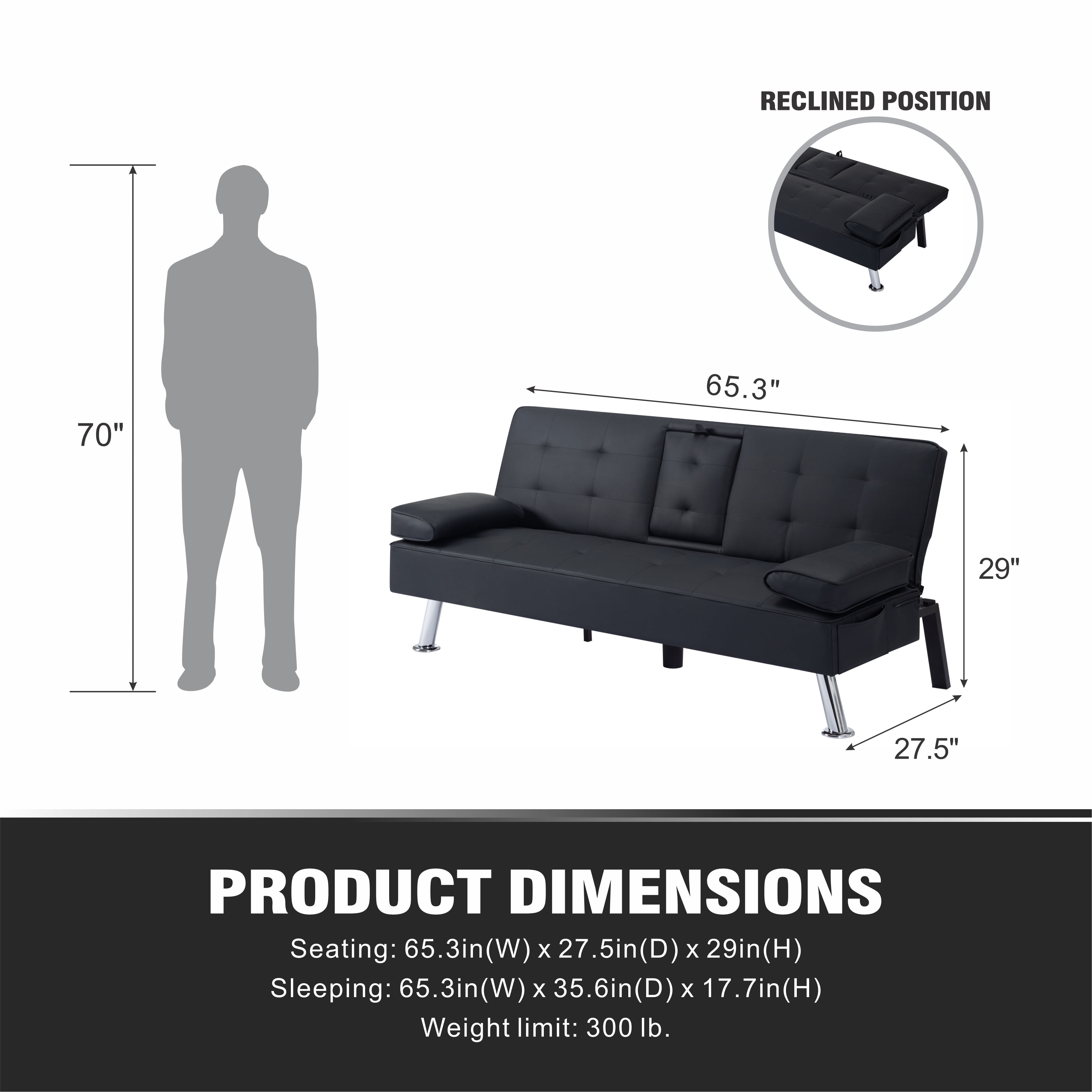 Gewnee Modern Futon Sleeper Sofa Bed Convertible Folding Recliner Couch Furniture with 2 Cup Holders for Livin g Room - Image 6