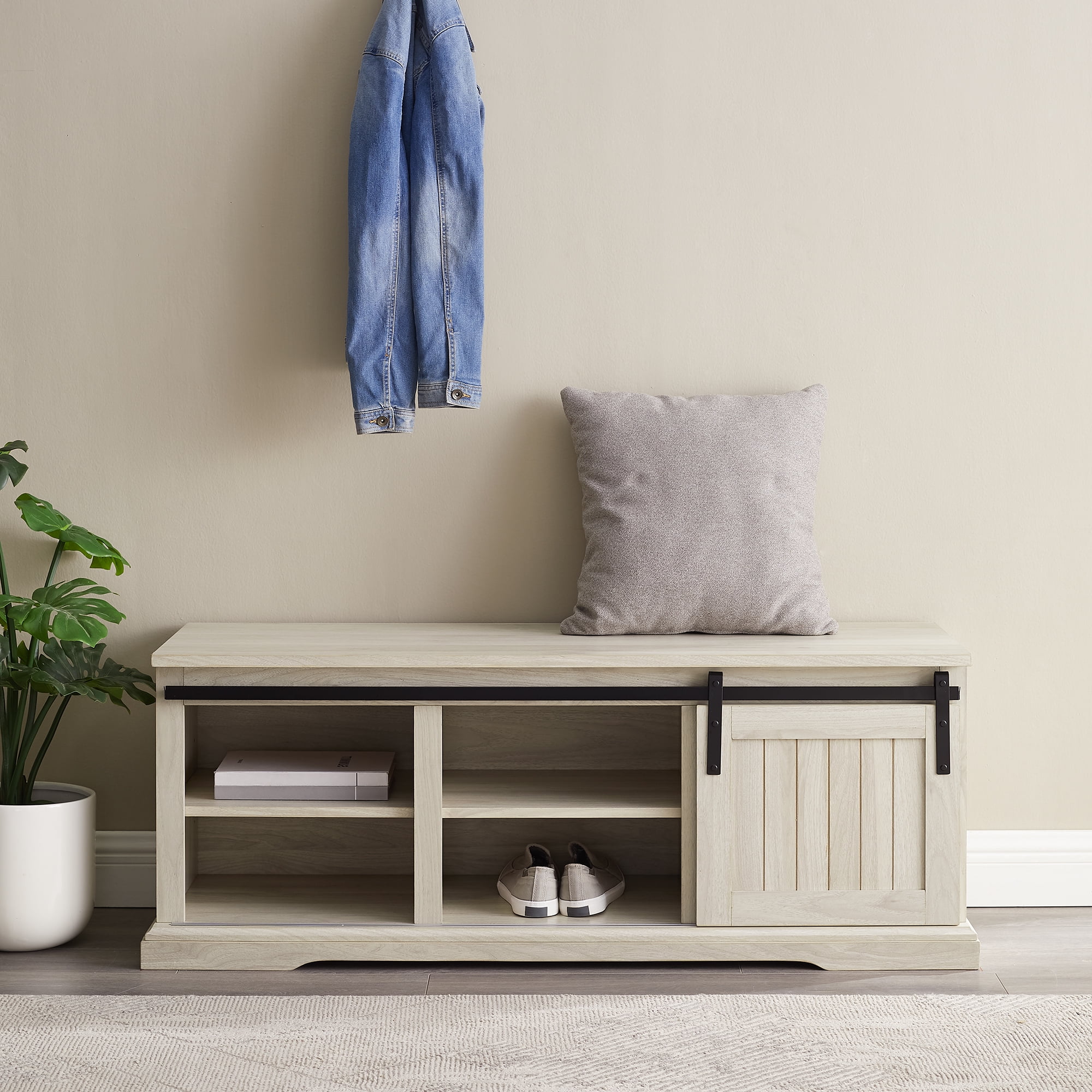 Woven Paths Dorset Grooved Sliding Barn Door Storage Bench, Birch - Image 6