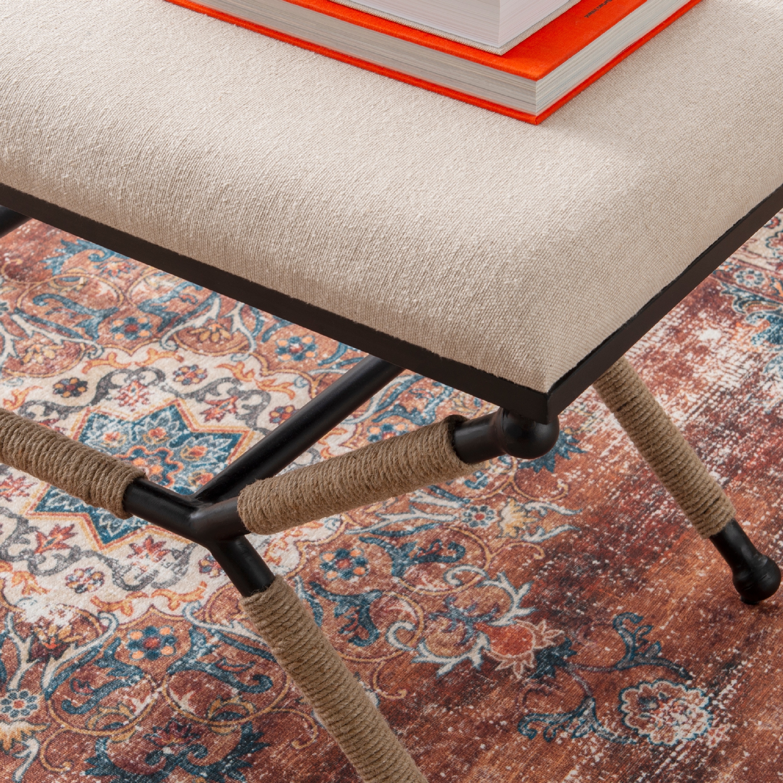 Linon Winther X Frame Bench or Ottoman, Rope Wrapped Metal Legs with Natural Linen Fabric - Image 2