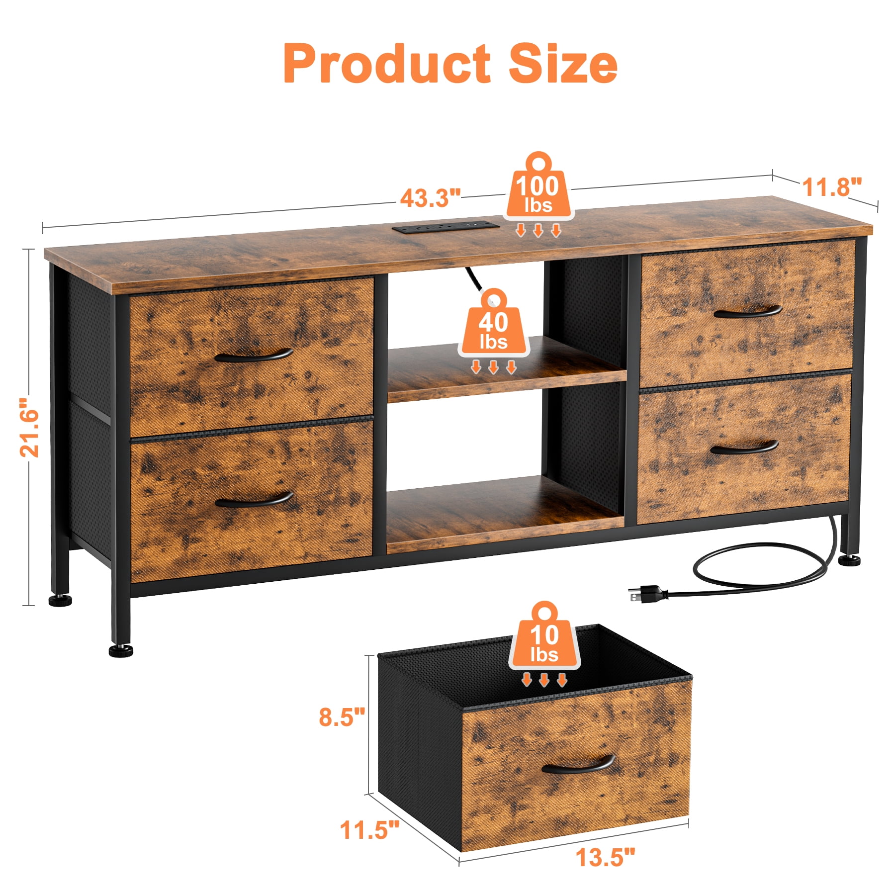 GIKPAL Dresser TV Stand, Dressers for Bedroom TV Stand 4 Drawers with Power Outlet for 50" TV Chest of Drawers for Living Room, Brown - Image 3