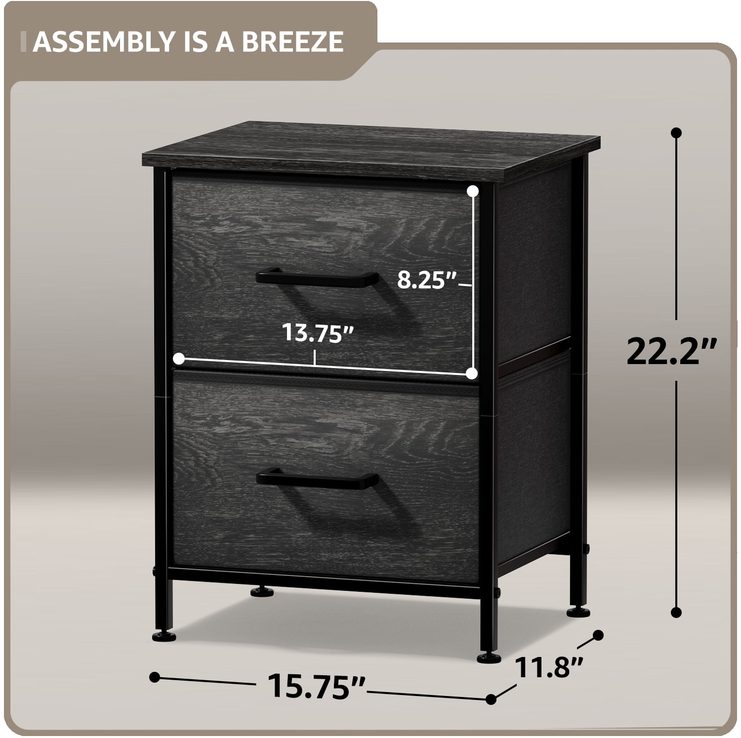 Sorbus Nightstand Dresser with 2 Faux Wood Drawers – Bedside Table with Storage – Steel Frame, Wood Top & Easy Pull Fabric Bins – Bedroom, Living Room, Dorm Furniture, Gray Wood - Image 4