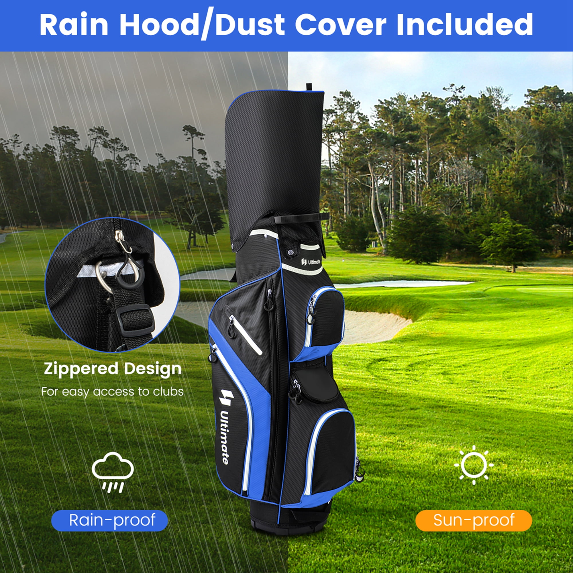 Costway Lightweight Golf Cart Bag with 14 Way Top Dividers 9 Pockets Rain Hood Cooler Bag Blue - Image 7