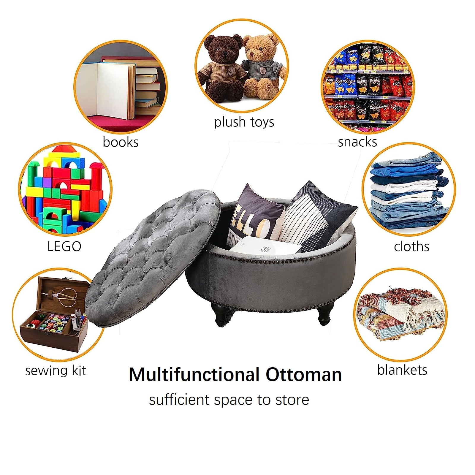 Upholstered 30" Round Storage Button Ottoman, Nail Head Tufted Seating, with Removable Lid Dark Grey - Image 4