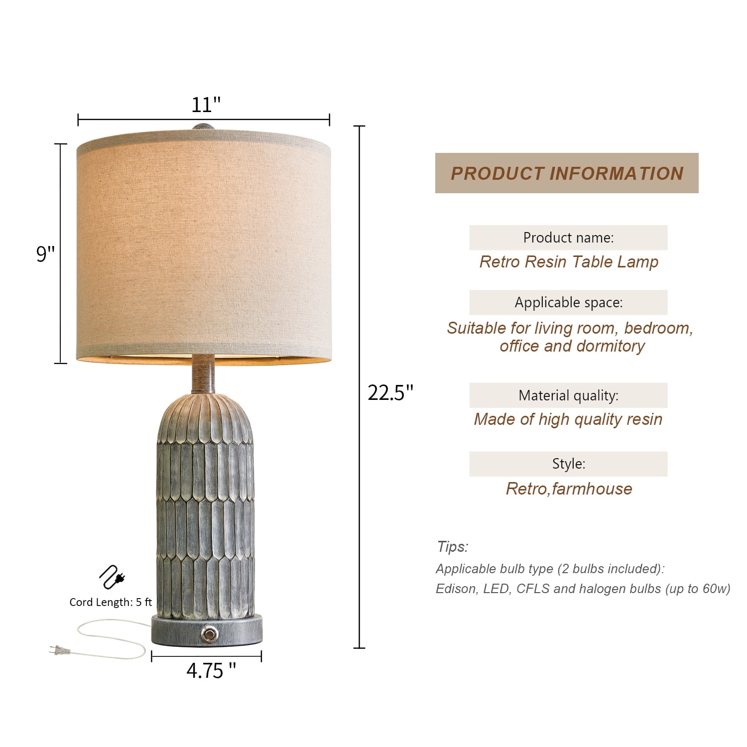 Oneach 3 Way Dimmable Farmhouse Table Lamp Set of 2 with USB Ports for Living Room Bedroom 22.5" Rustic Bedside Nightstands Lamp(Bulbs) - Image 7