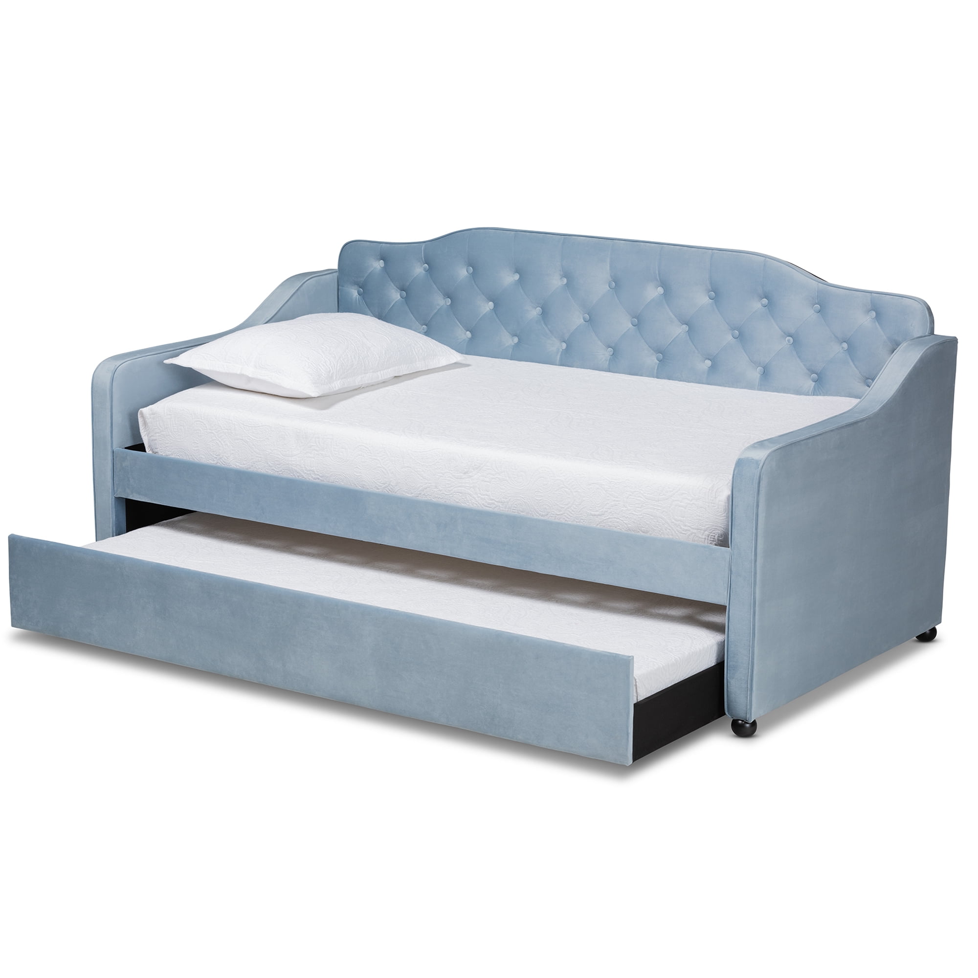 Baxton Studio Freda Transitional and Contemporary Light Blue Velvet Upholstered and Button Tufted Twin Size Daybed with Trundle - Image 11