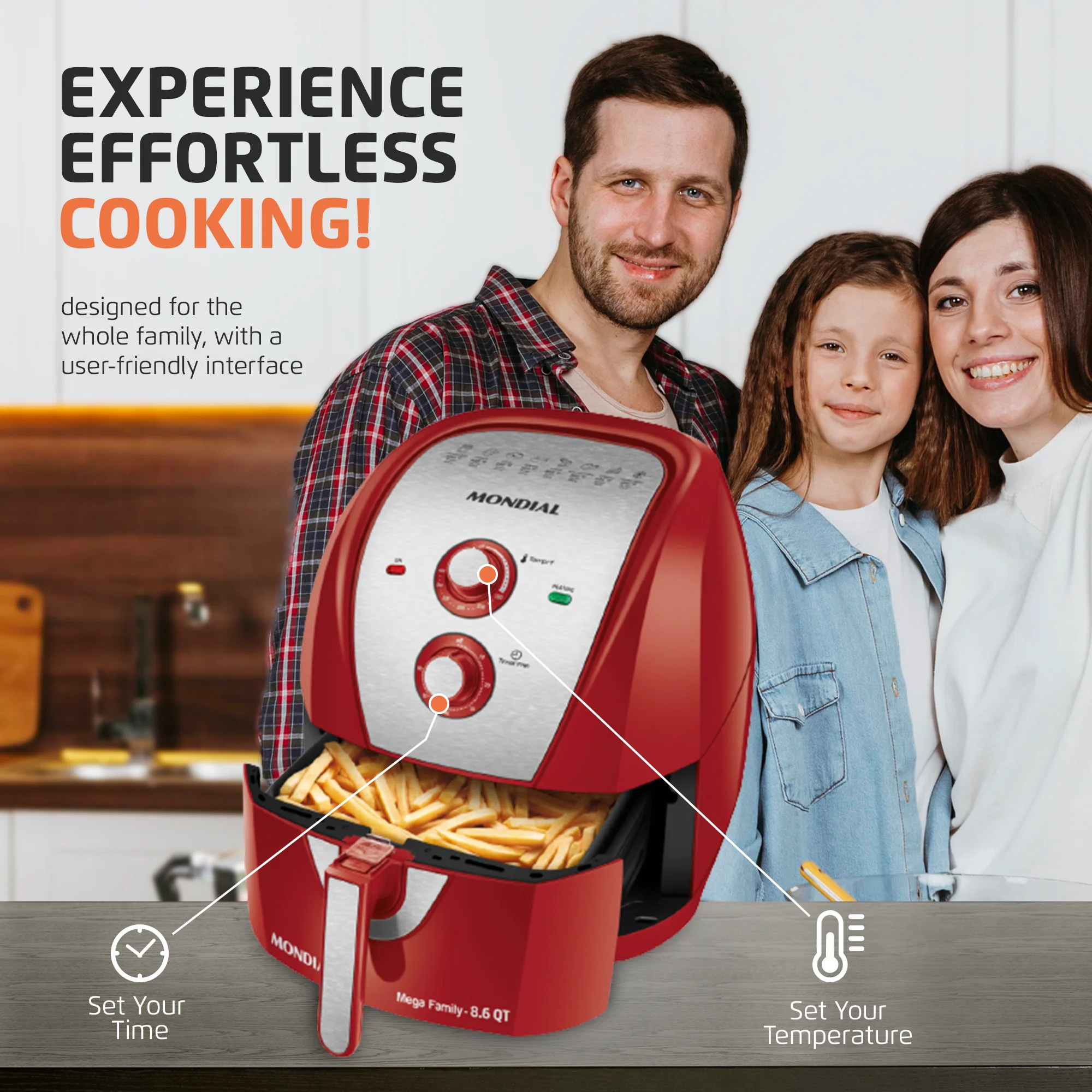 Mondial Air Fryer - 8.6 Quart Extra-Large Air Fryer, 1800 Watts - Quick Heat Circulation Technology, Low Fat Cooking Less Calories - Removable Squared Basket, Easy Usage Auto Shut Off - Red - Image 6