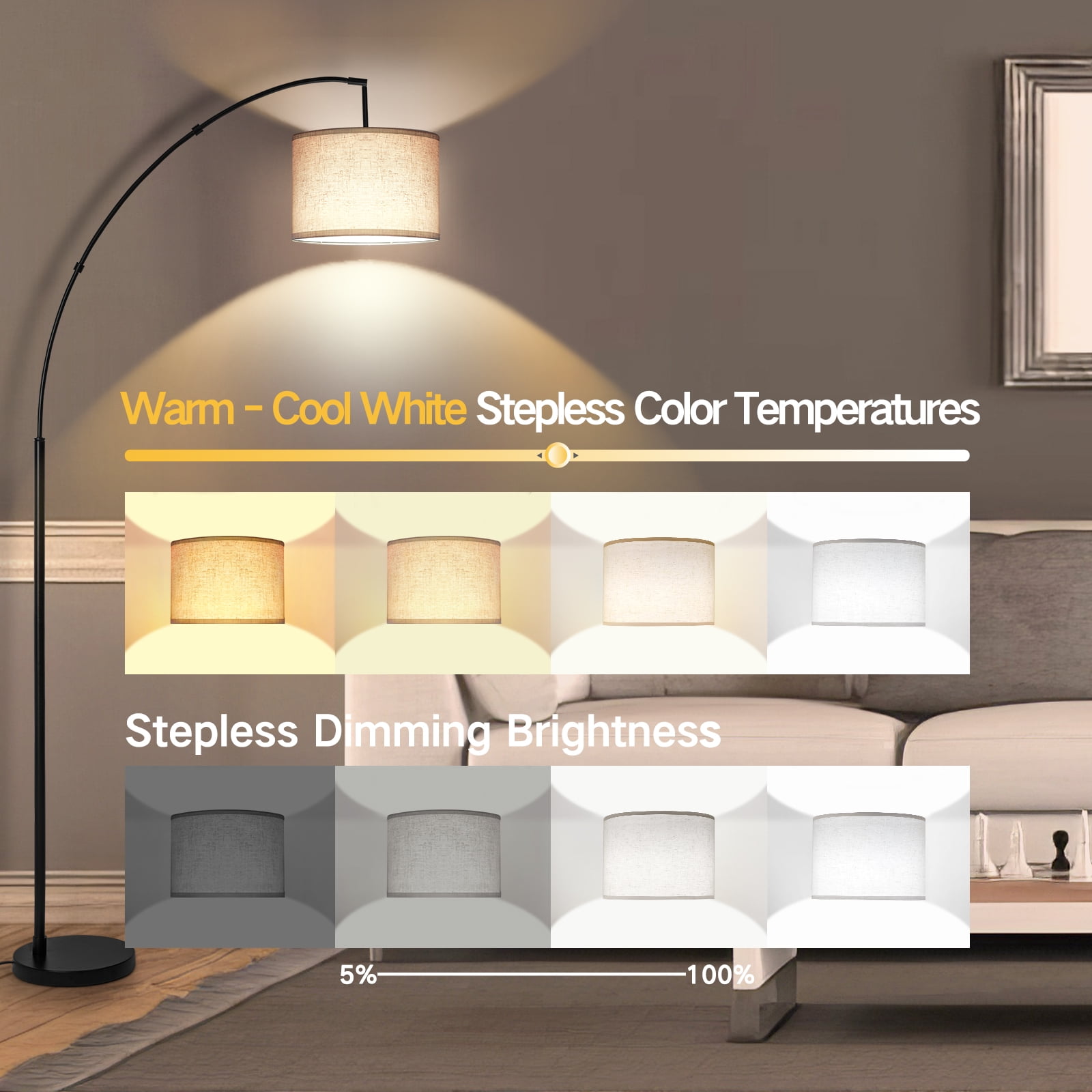 OUTON 81" Arc Floor Lamp with Remote for Living Room, LED Dimmable Modern Standing Lamps with 4 Color Temperatures, Adjustable Linen Shade, Tall Light for Bedroom (Black+Beige Shade) - Image 8