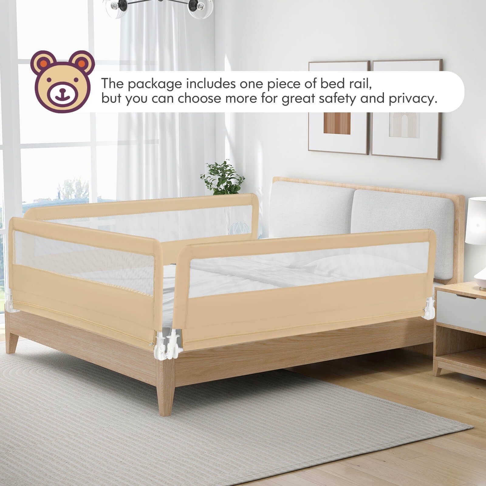 Babyjoy 71" Long Bed Rail for Toddlers with Removable Cover Breathable Mesh & Crossbar Beige - Image 6