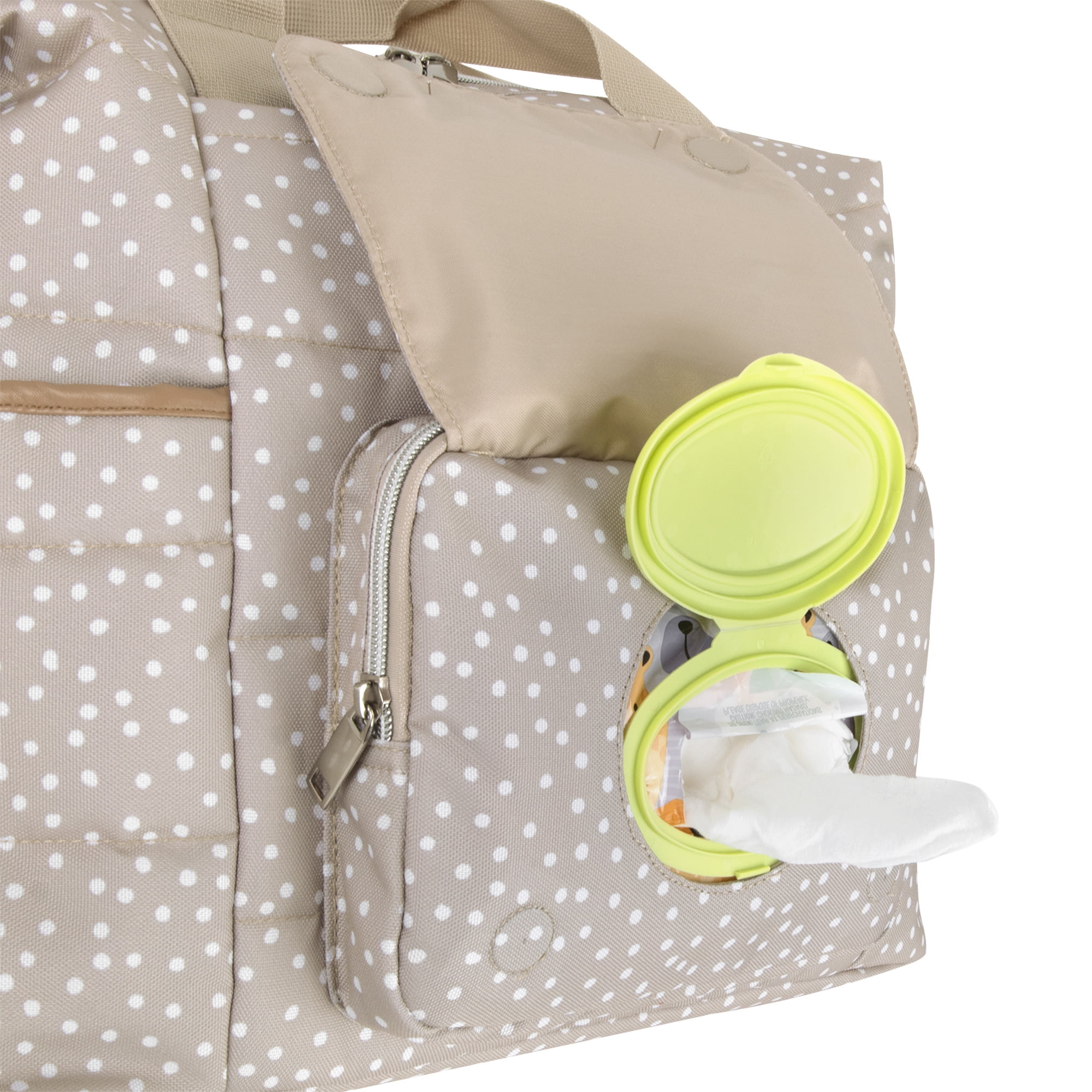 Jessica Simpson Quilted Baby Essentials Multifunction Multi-Pocket Fashion Diaper Bag Luggage Tote with Magnetic Front Wipes Pocket, Bottle Pockets & Changing Pad for Infant Boys & Girls in Taupe Dots - Image 10