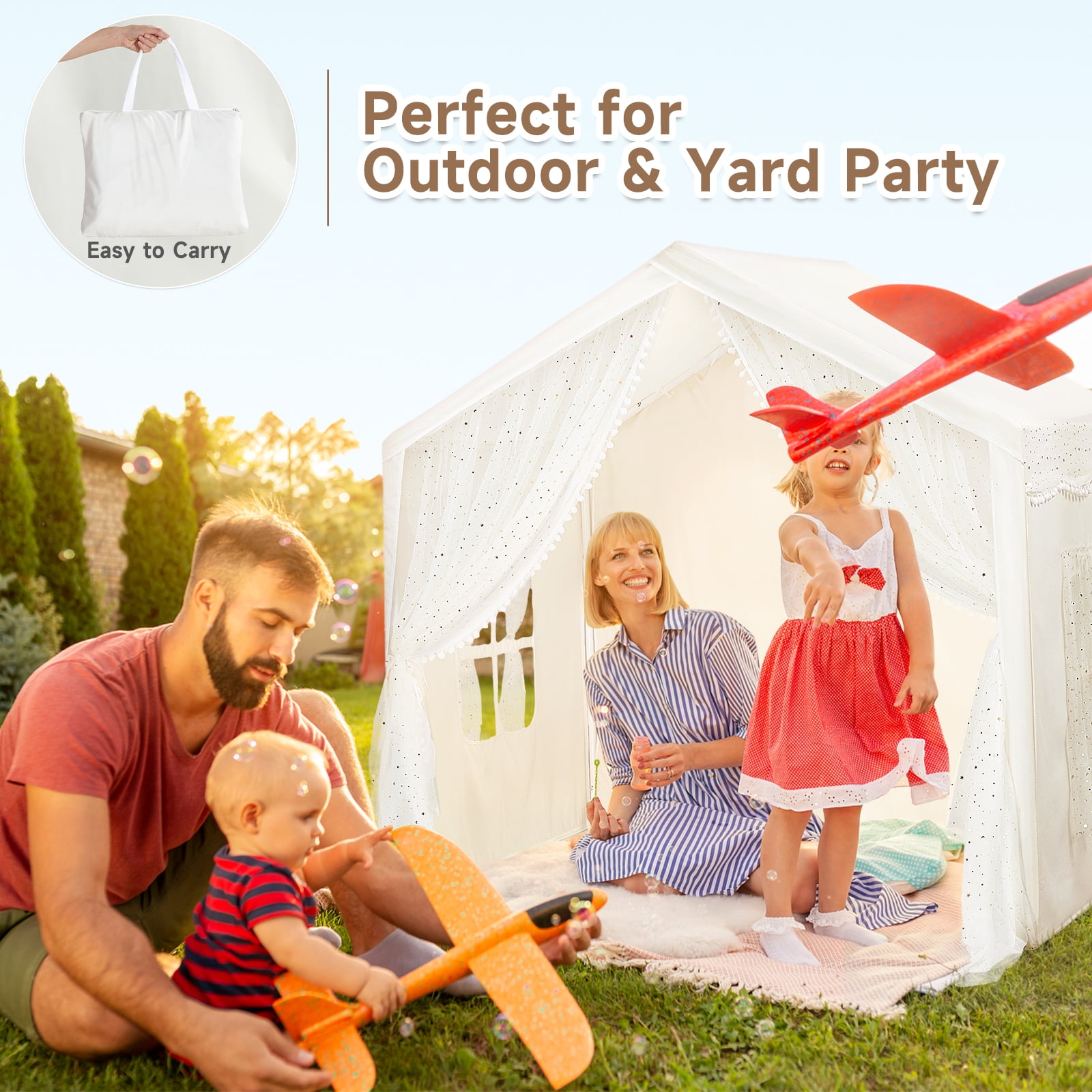 LOAOL Large Kids Tent with LED Lights, Toddler Playhouse Tent Indoor and Outdoor, White Cotton Canvas - Image 4