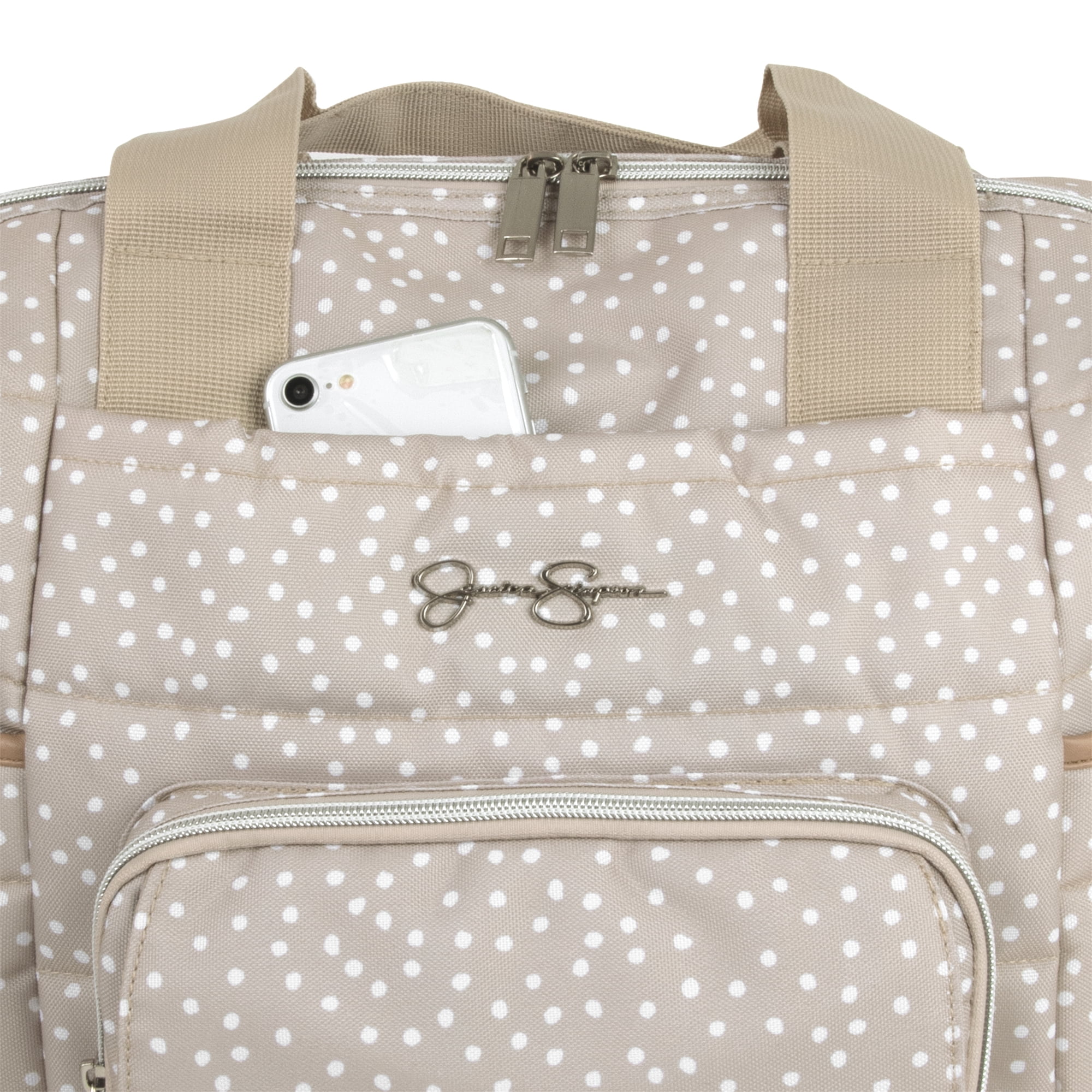 Jessica Simpson Quilted Baby Essentials Multifunction Multi-Pocket Fashion Diaper Bag Luggage Tote with Magnetic Front Wipes Pocket, Bottle Pockets & Changing Pad for Infant Boys & Girls in Taupe Dots - Image 2