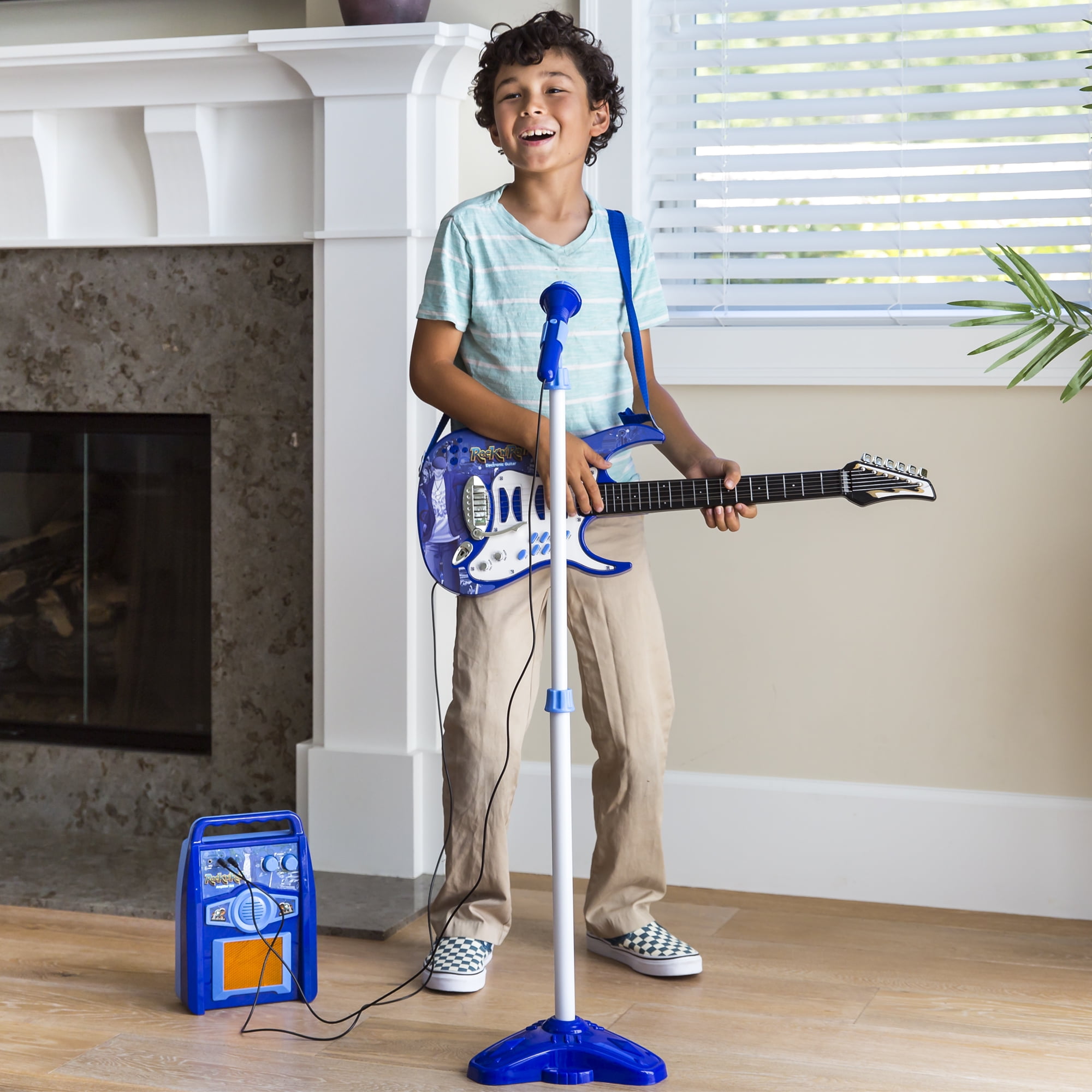 Best Choice Products Kids Electric Musical Guitar Toy Play Set w/ 6 Demo Songs, Whammy Bar, Microphone - Blue - Image 2