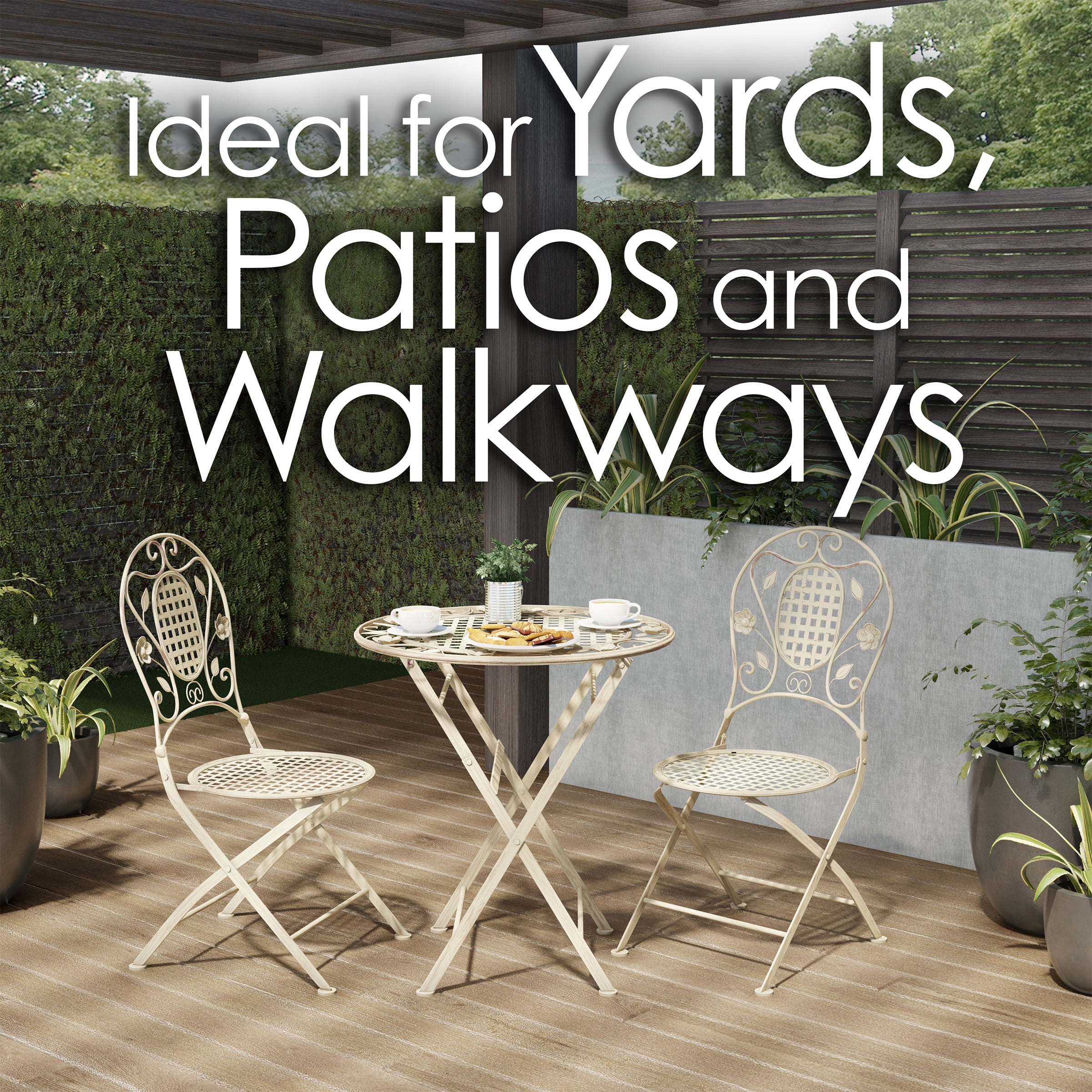 Lavish Home Wrought Iron Folding Bistro Set – 3-Piece Table and Chairs with Lattice & Leaf Design (Antique White) - Image 4