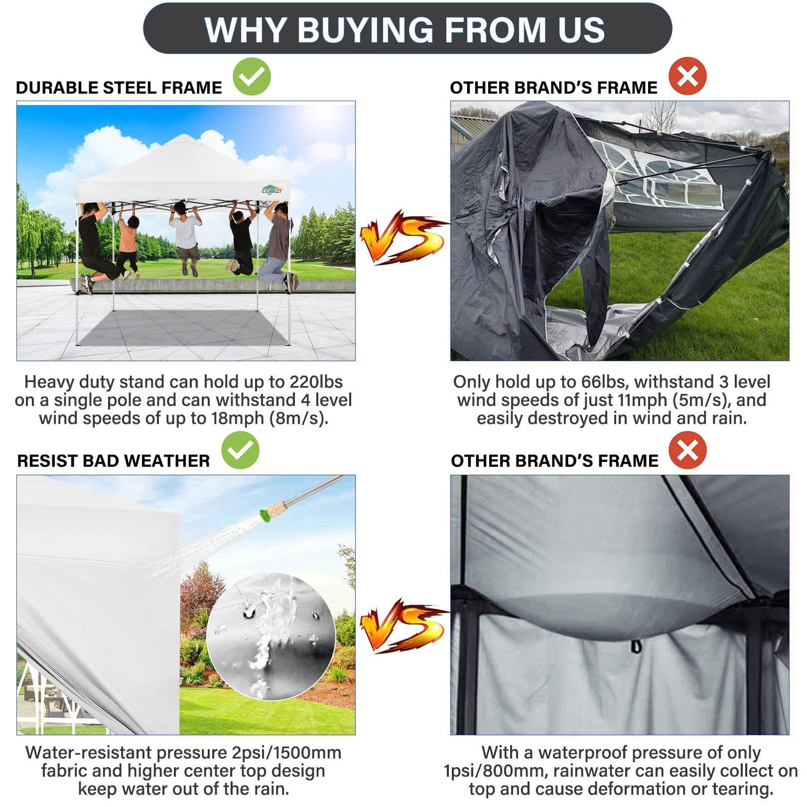 COBIZI 10x10 Heavy Duty Pop-up Canopy Tent for Outside, UPF 50+ Waterproof and Instant Outdoor Shelter, Outdoor Canopy for Beach,Party,Camping with Rope,Stake and Carrying Bag,White(Frame Thickened) - Image 2