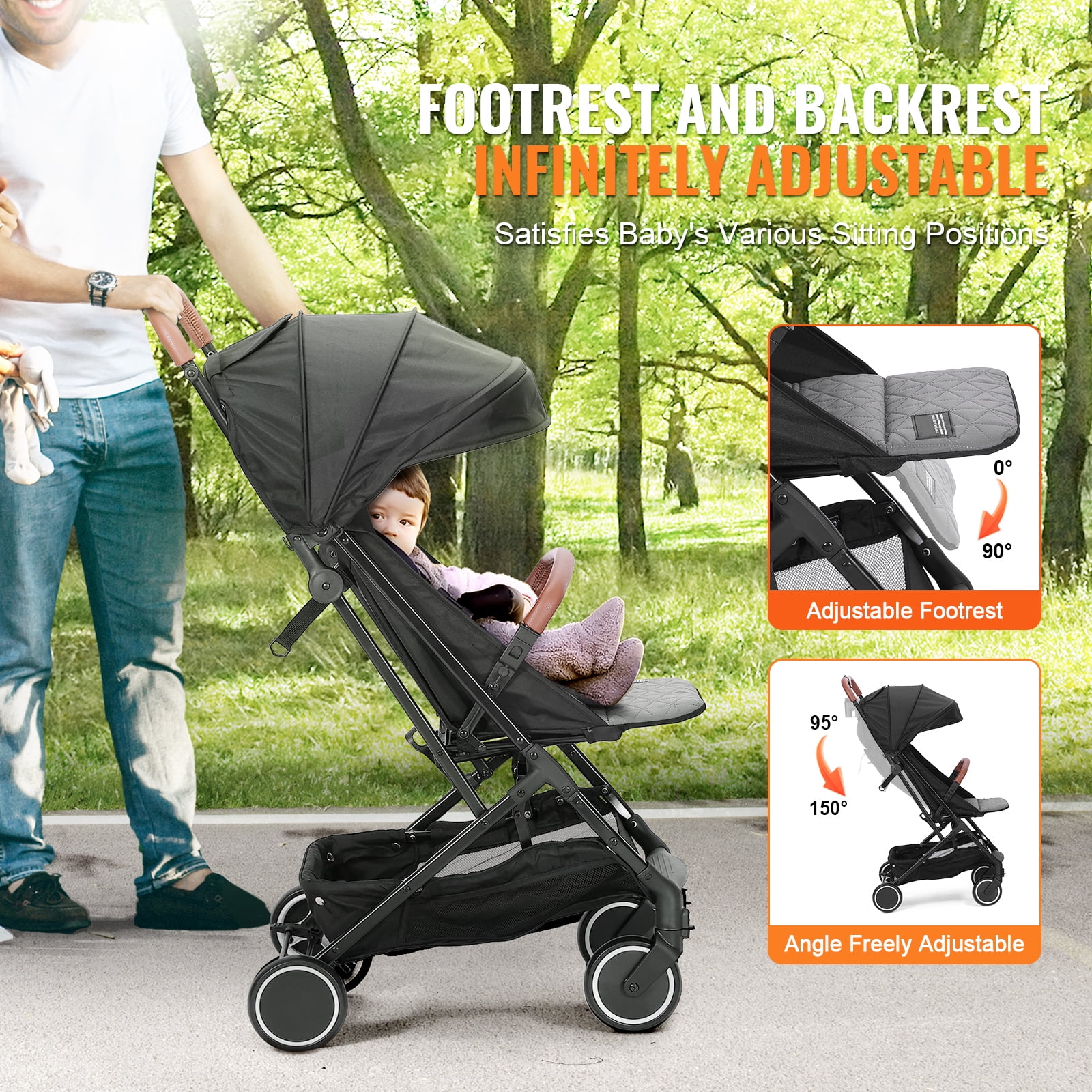 KFFKFF Baby Stroller, One-click Folding Umbrella Stroller Lightweight Travel Stroller for Newborn Baby, Black - Image 6