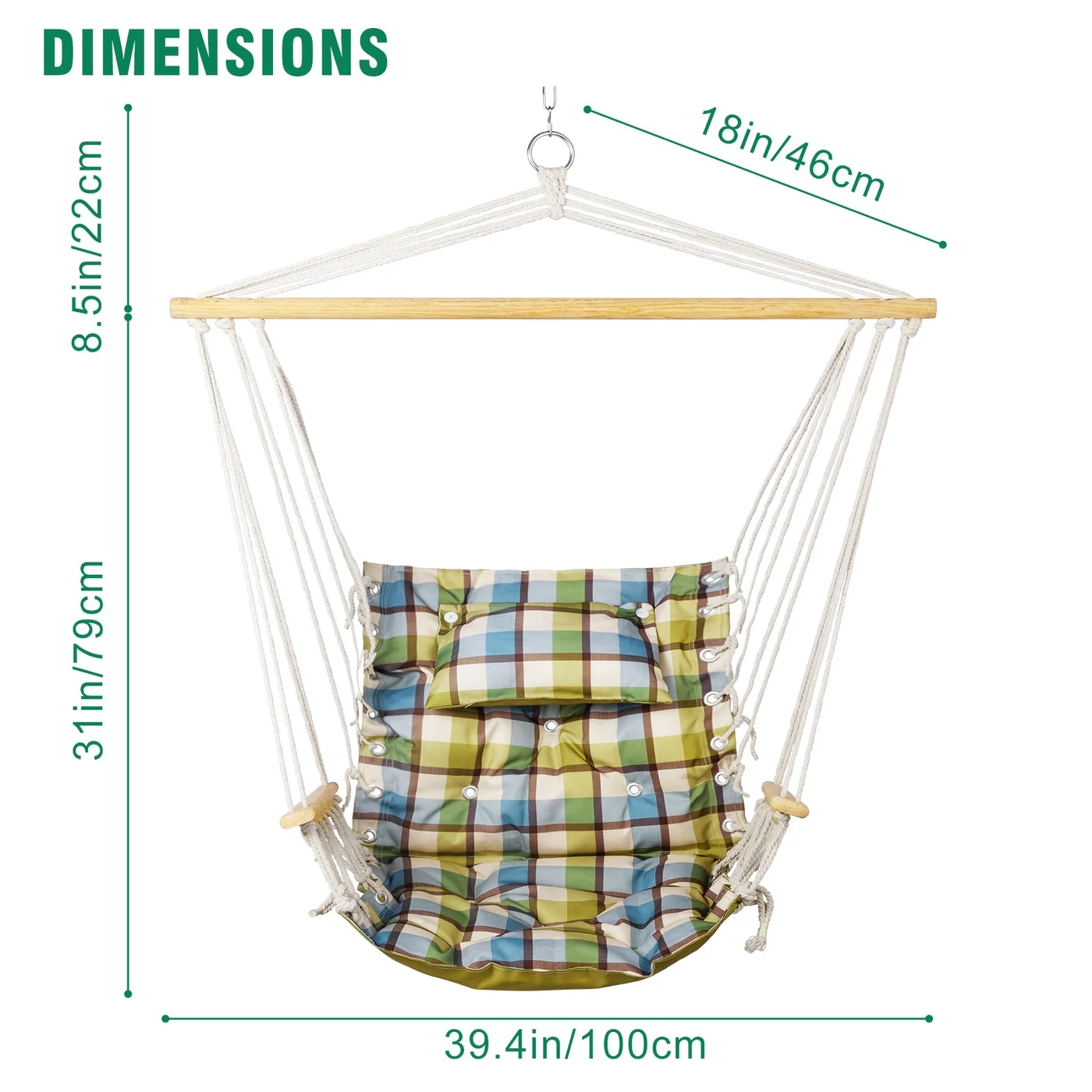 Hanging chair with Pillow & Arms- Extra Padded - Reversible Green Plaid - Image 3
