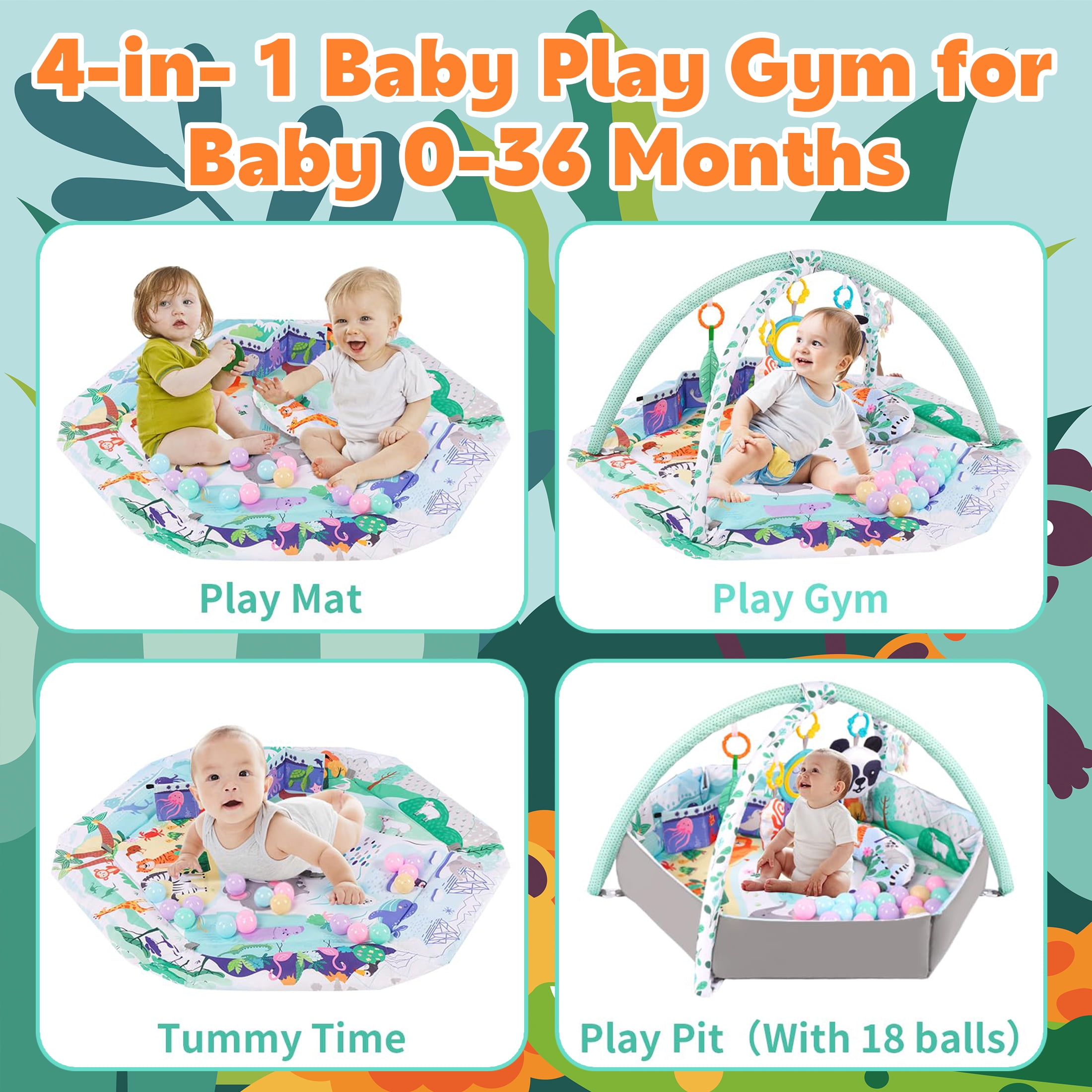 Baby Play Gym and Activity Mat - 4-in-1 Tummy Time Gym with Sensory Toys for Infants & Toddlers, Green - Image 2